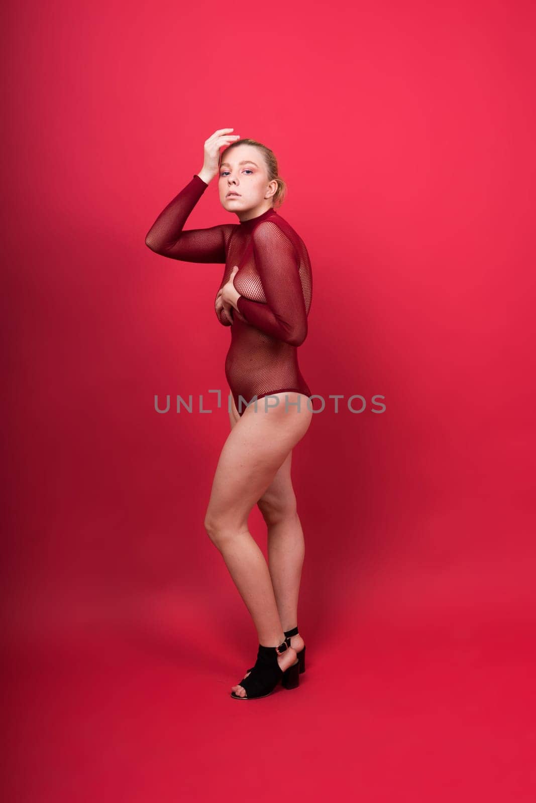 Studio portrait gorgeous young woman in lingerie, blonde beauty professional makeup.