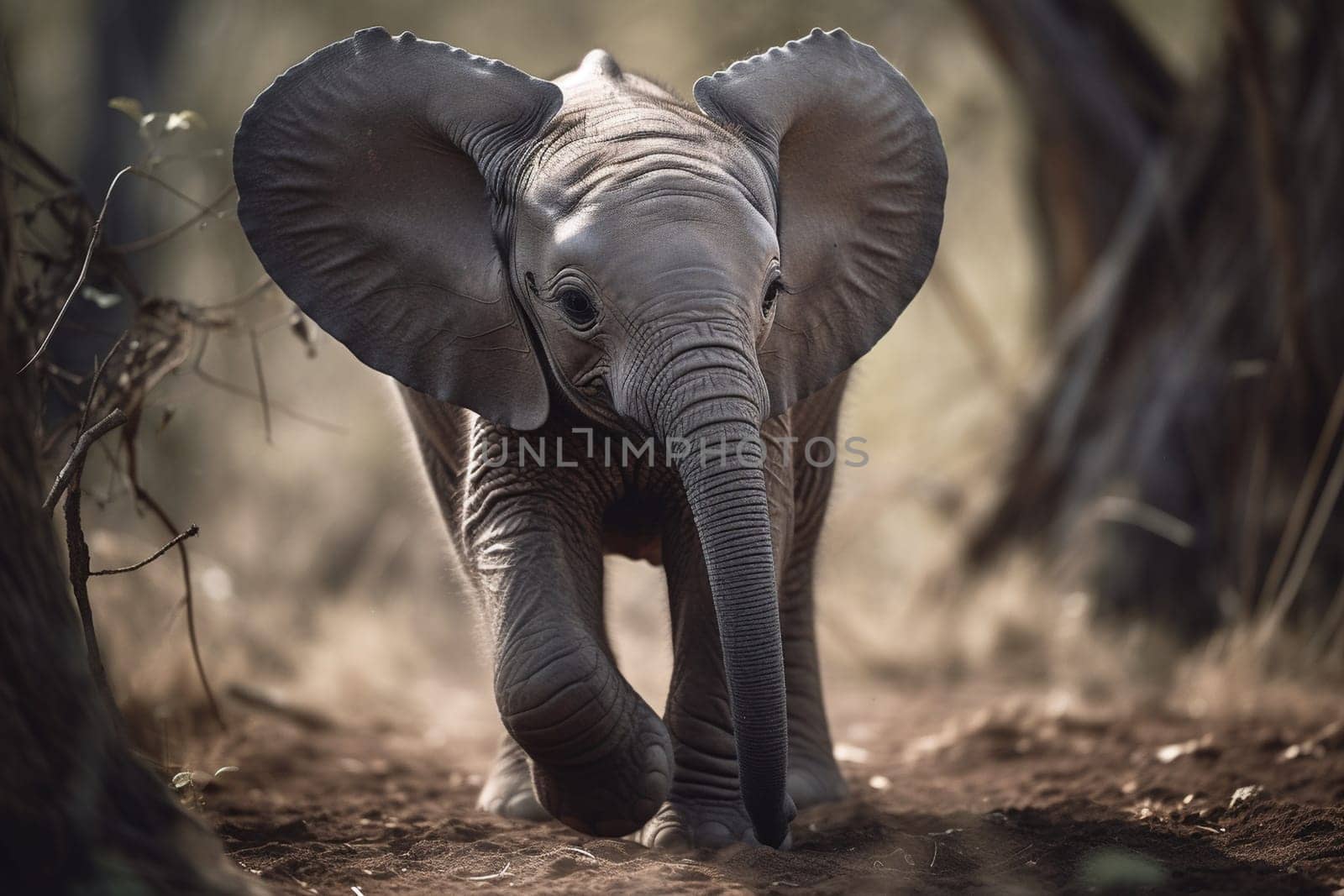The baby elephant is taking its first steps in the vast and stunning savannah, surrounded by herds of majestic wild animals and colorful flowers (generative AI)