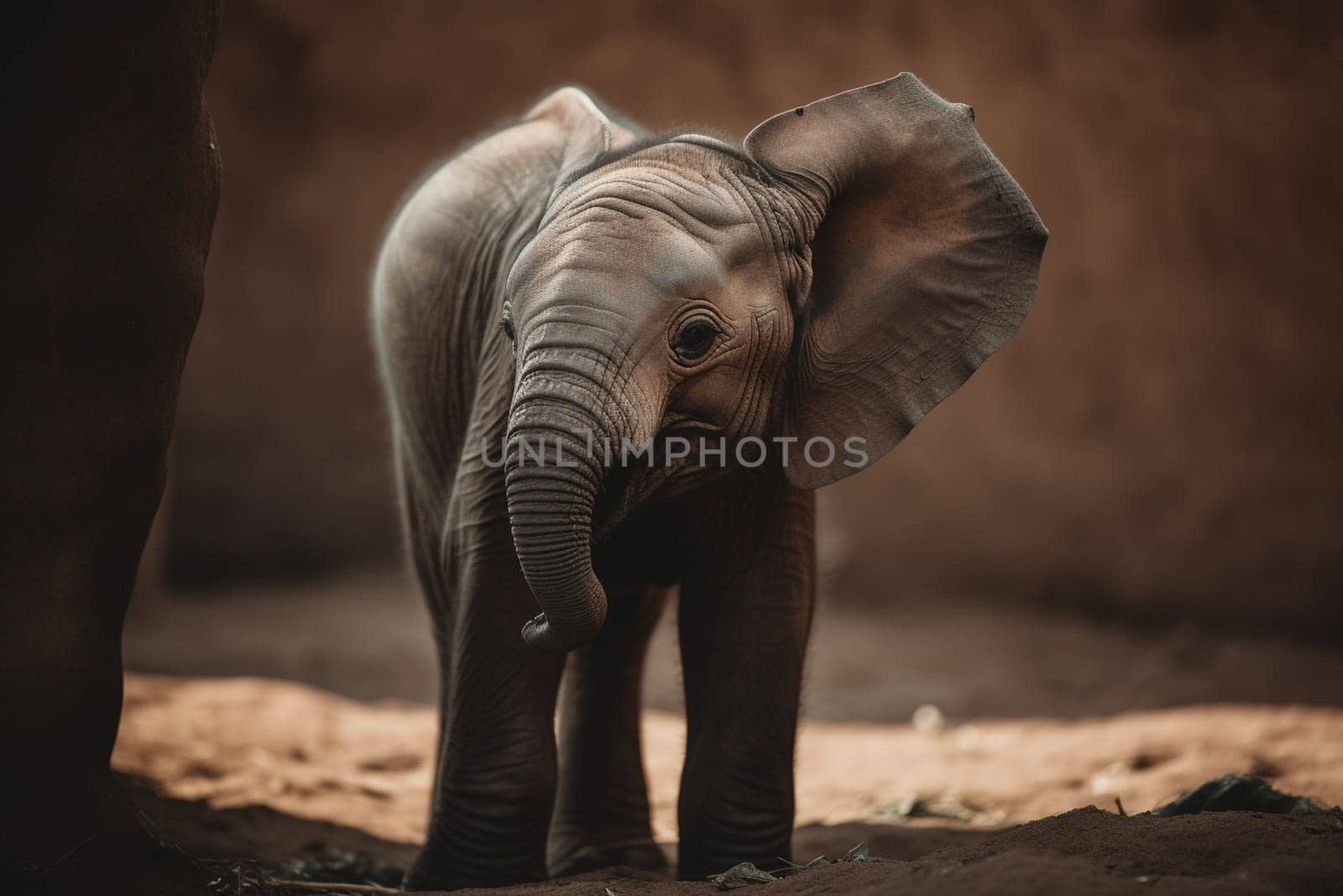 A baby elephant is adorably learning how to use its trunk while an adult elephant watches protectively in the distance, surrounded by grassy plains (generative AI)