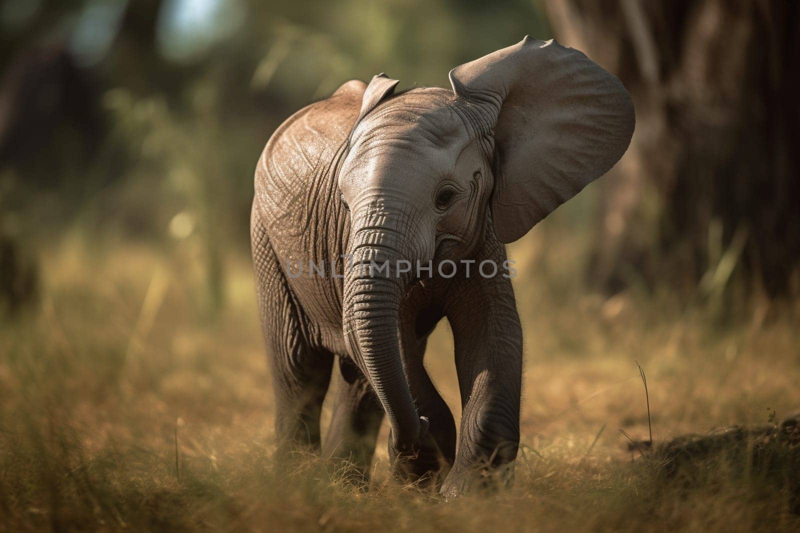 The baby elephant is taking its first steps in the vast and stunning savannah, surrounded by herds of majestic wild animals and colorful flowers (generative AI)