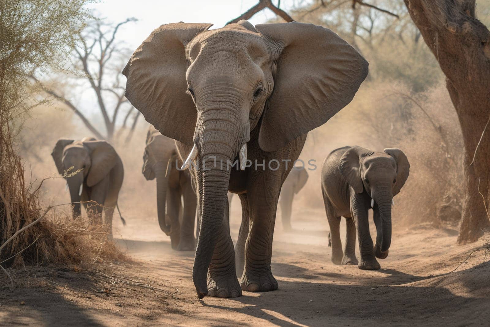 Baby elephant walking with family to a watering hole (generative AI)