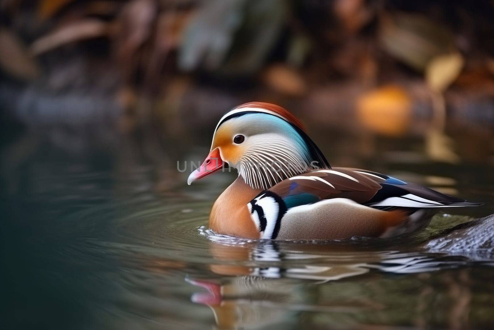 A beautiful Mandarin Duck is swimming in a tranquil pond, its iridescent feathers shimmering in the sunlight (generative AI)