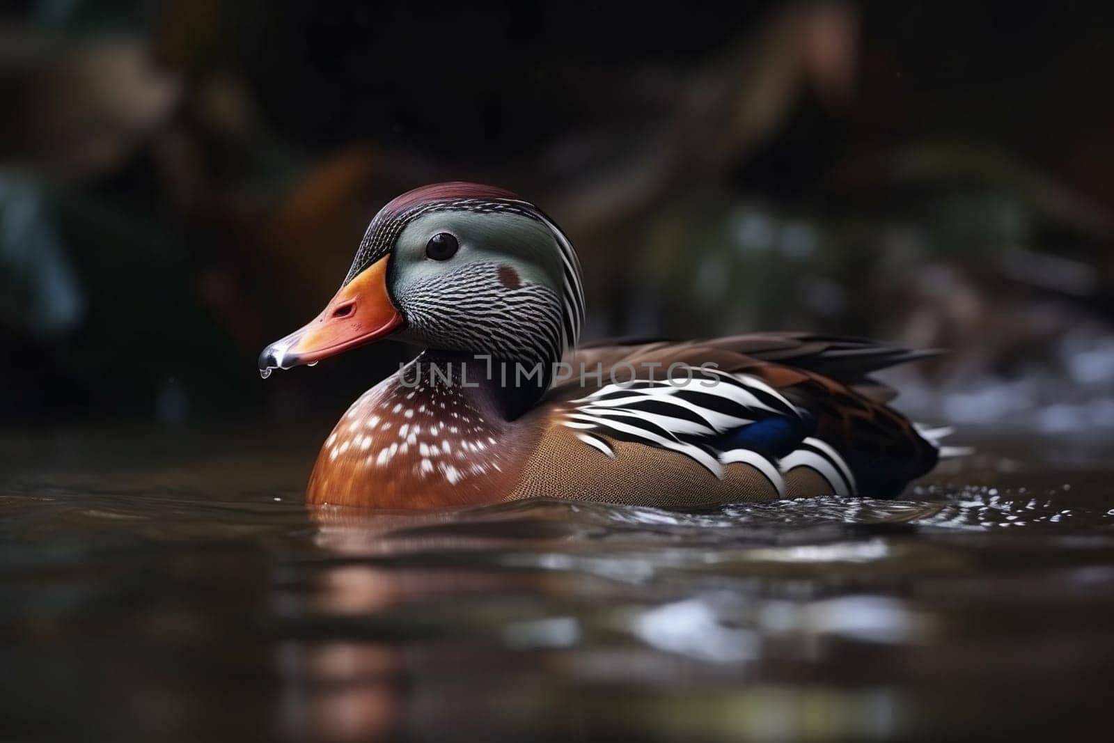 A beautiful Mandarin Duck is swimming in a tranquil pond, its iridescent feathers shimmering in the sunlight (generative AI)