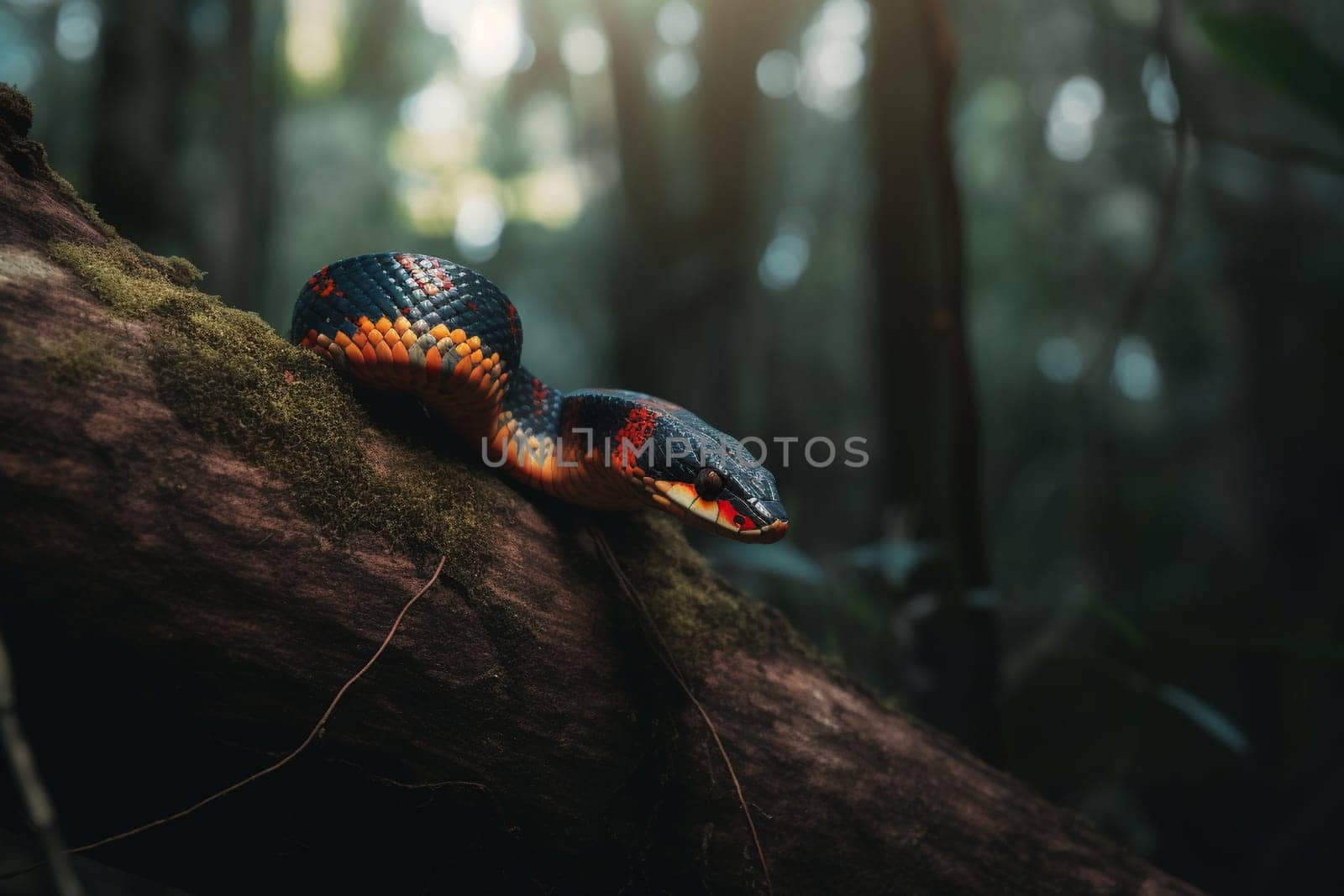 Colorful coral snake scaling a tree in tropical habitat (generative AI)