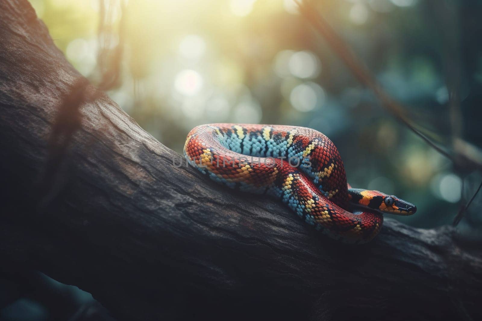 Colorful coral snake scaling a tree in tropical habitat (generative AI)