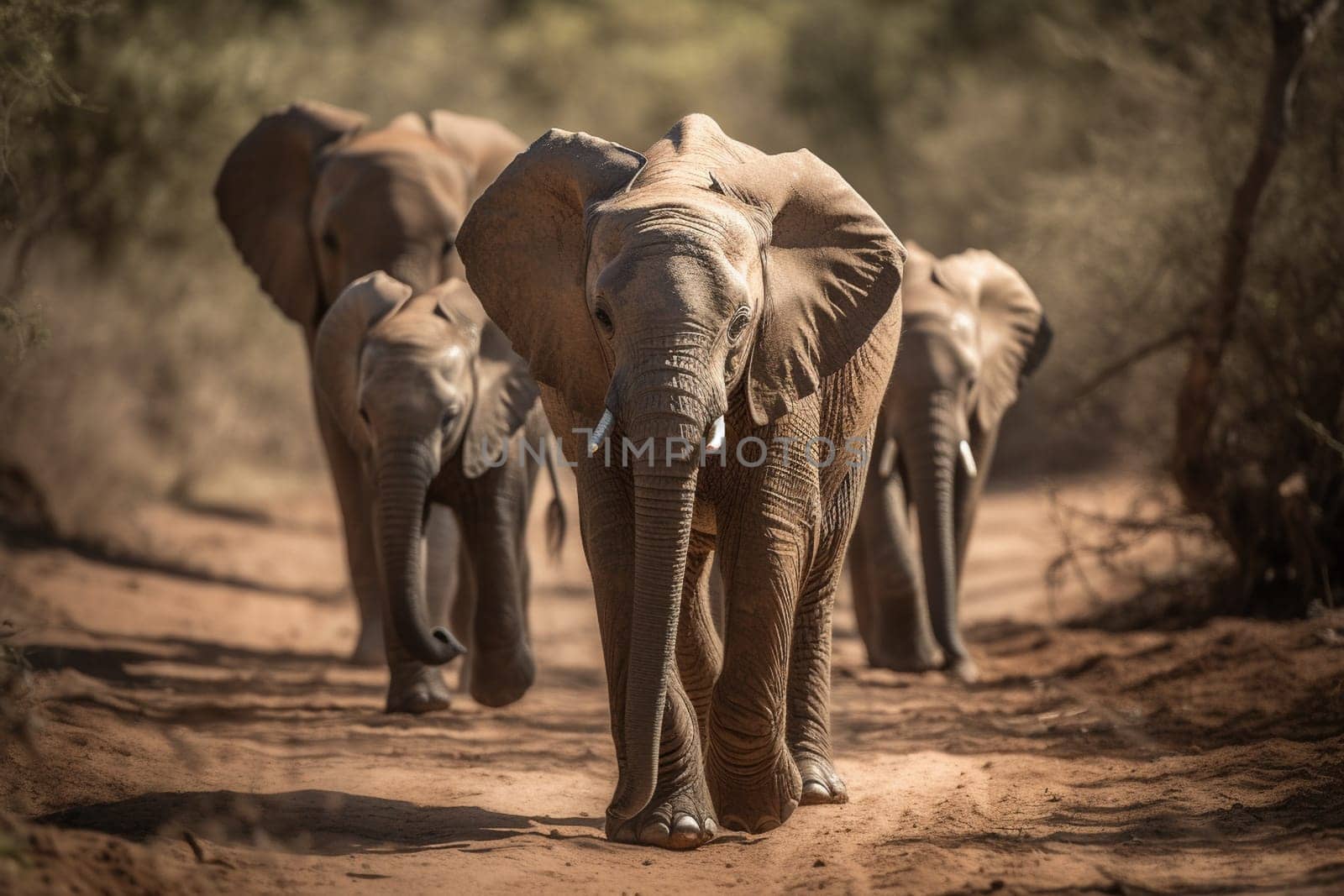 Baby elephant walking with family to a watering hole (generative AI)
