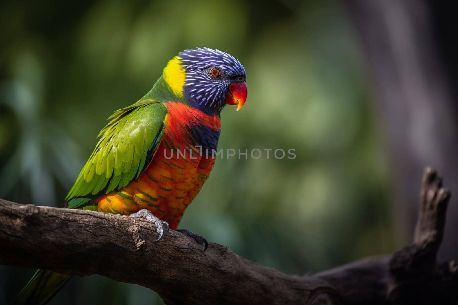 A Beautiful Rainbow Lorikeet Perched on a Branch in a Garden with blooming flowers and greenery around. (generative AI)