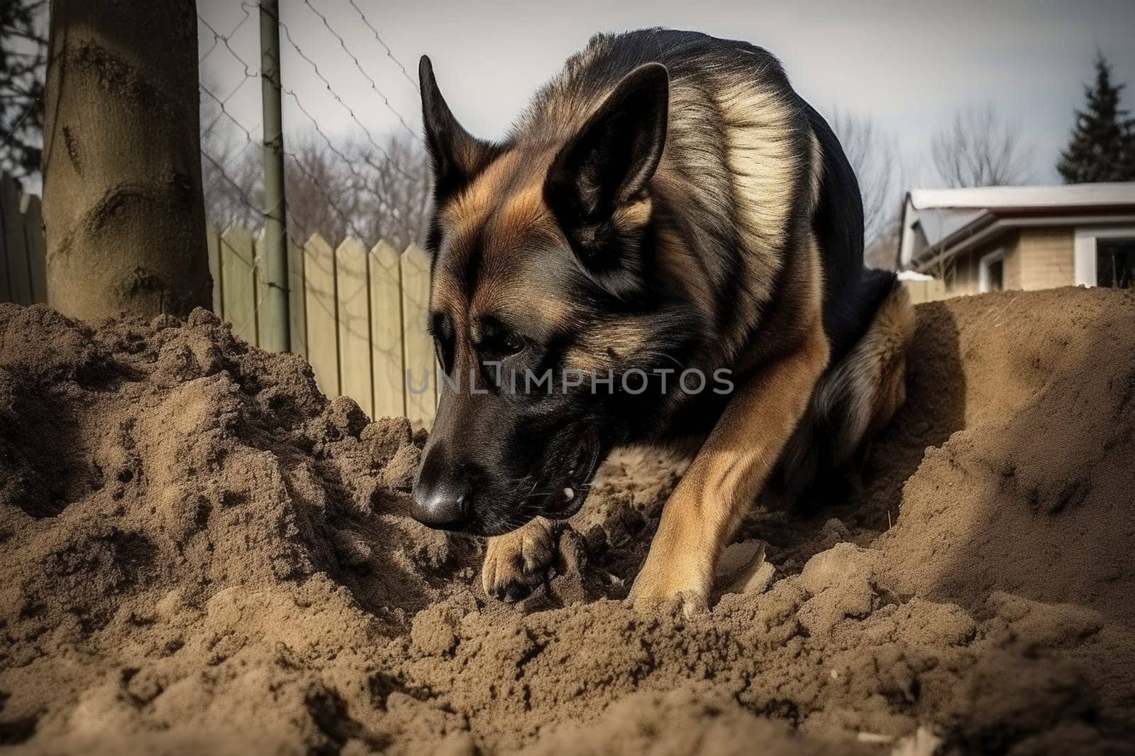 The big dog is excitedly digging a hole in the backyard, scattering dirt everywhere. (generative AI)