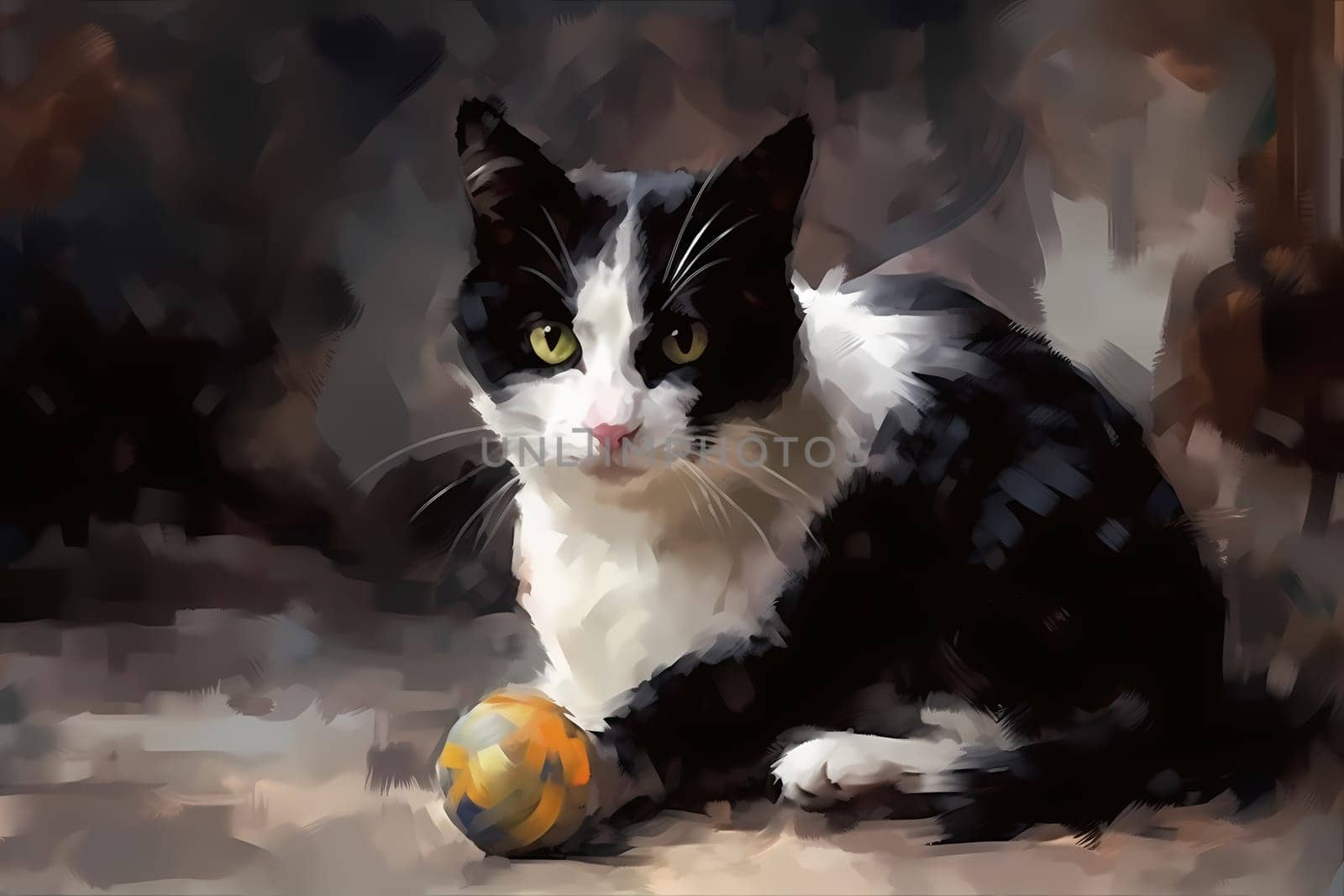 A black and white cat is energetically pouncing and chasing a small toy mouse, flipping it up in the air and proudly showing it off. (generative AI)
