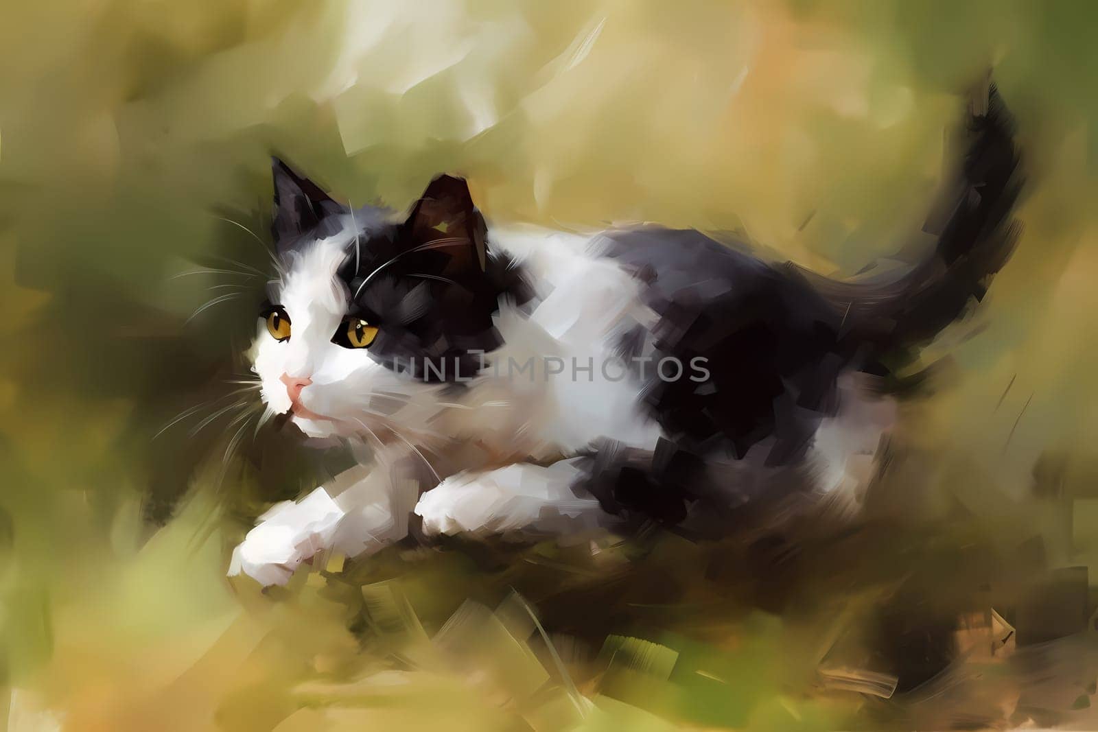 The playful cat is frisky and intent on catching the fuzzy toy mouse. (generative AI)