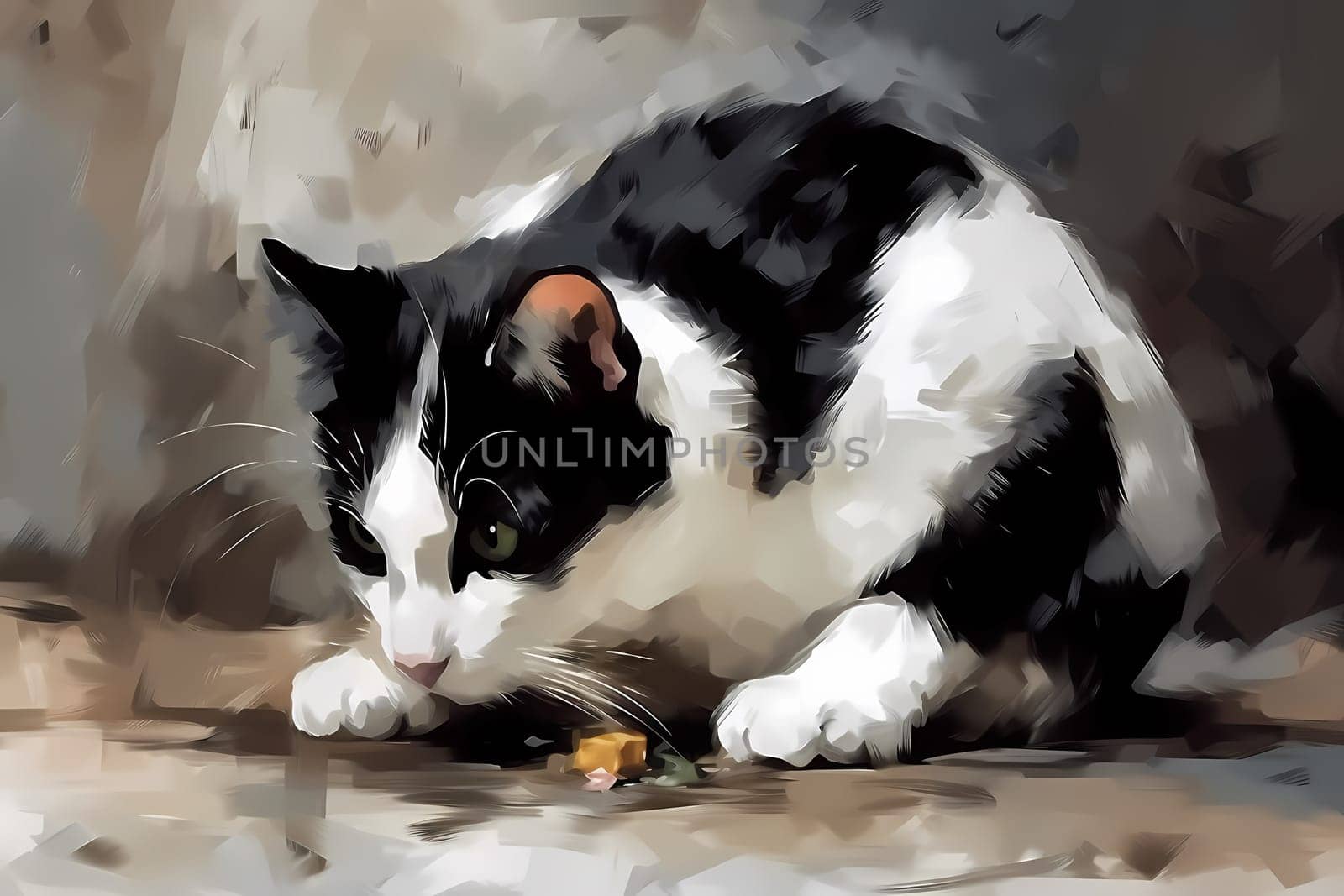 A black and white cat is energetically pouncing and chasing a small toy mouse, flipping it up in the air and proudly showing it off. (generative AI)