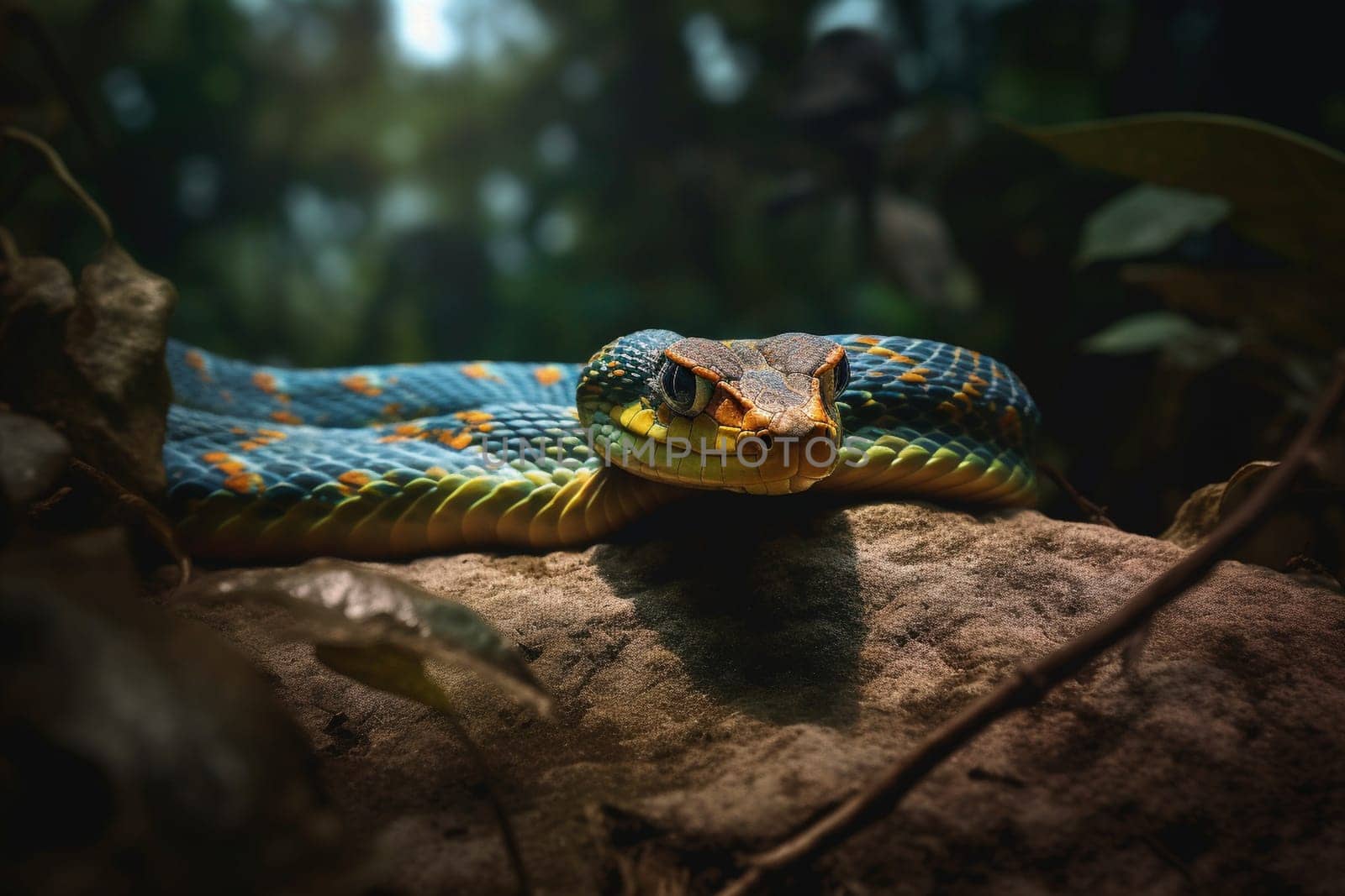 A beautiful pit viper moving along a rocky terrain in search of prey (generative AI)