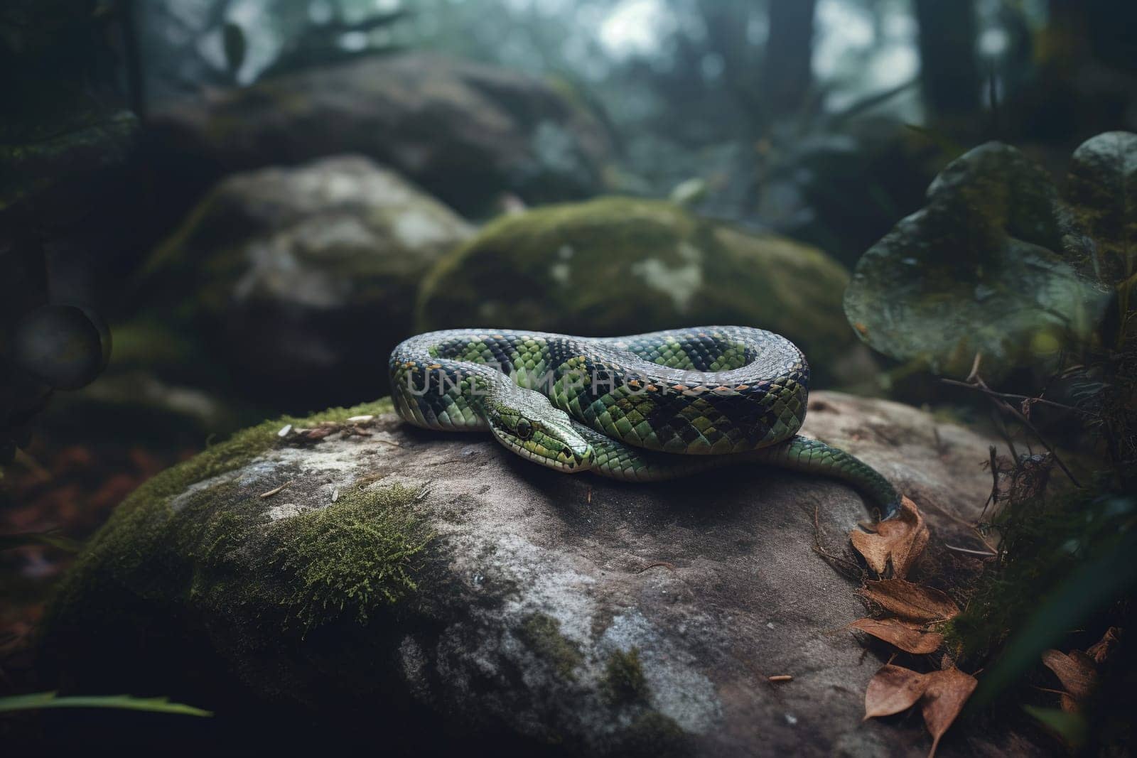 A beautiful pit viper moving along a rocky terrain in search of prey (generative AI)