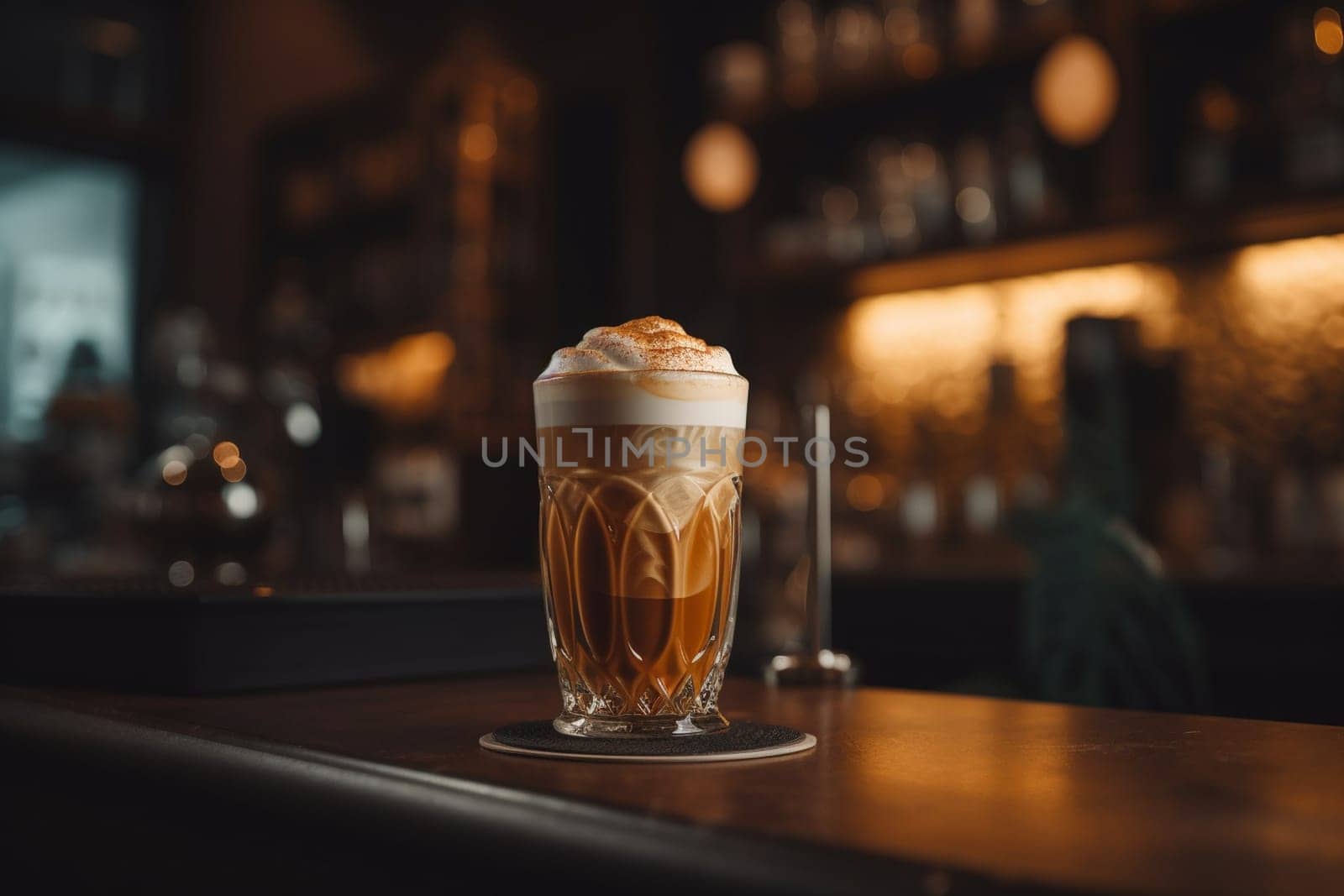 A caramel macchiato at a bustling coffee shop