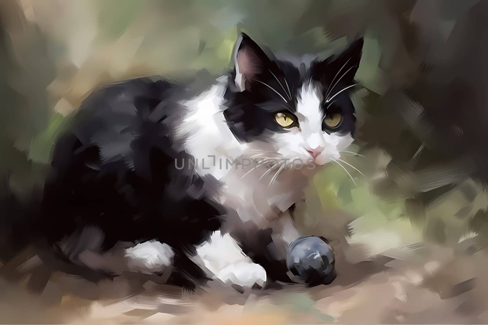 This playful black and white cat is having a blast chasing and batting around a toy mouse. (generative AI)