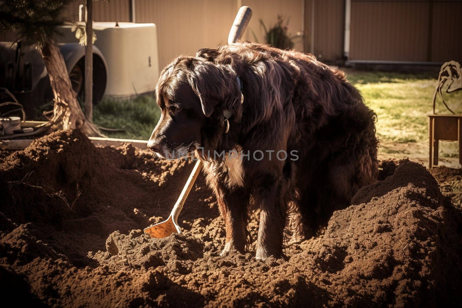 The big dog is excitedly digging a hole in the backyard, scattering dirt everywhere. (generative AI)