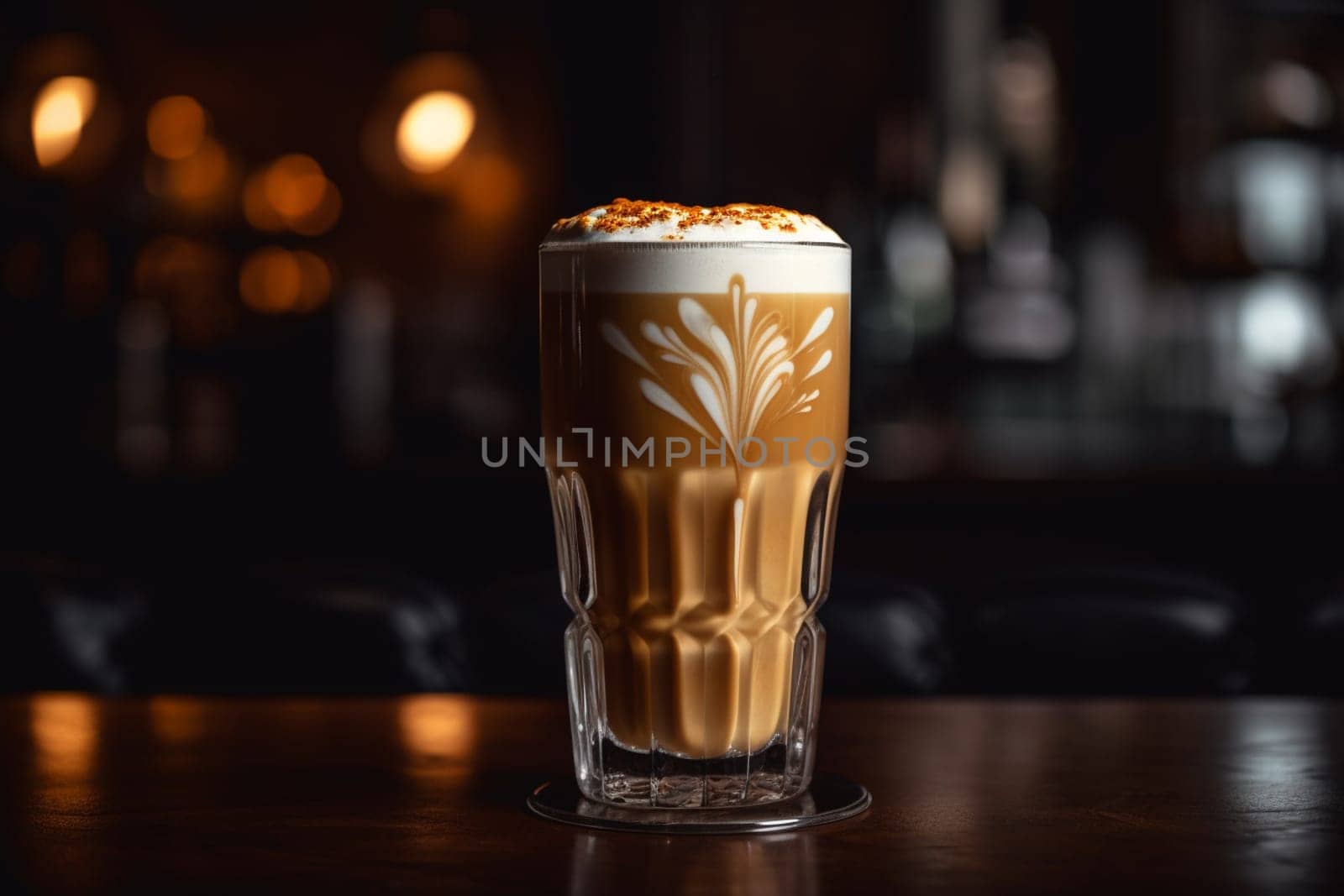 A caramel macchiato at a bustling coffee shop
