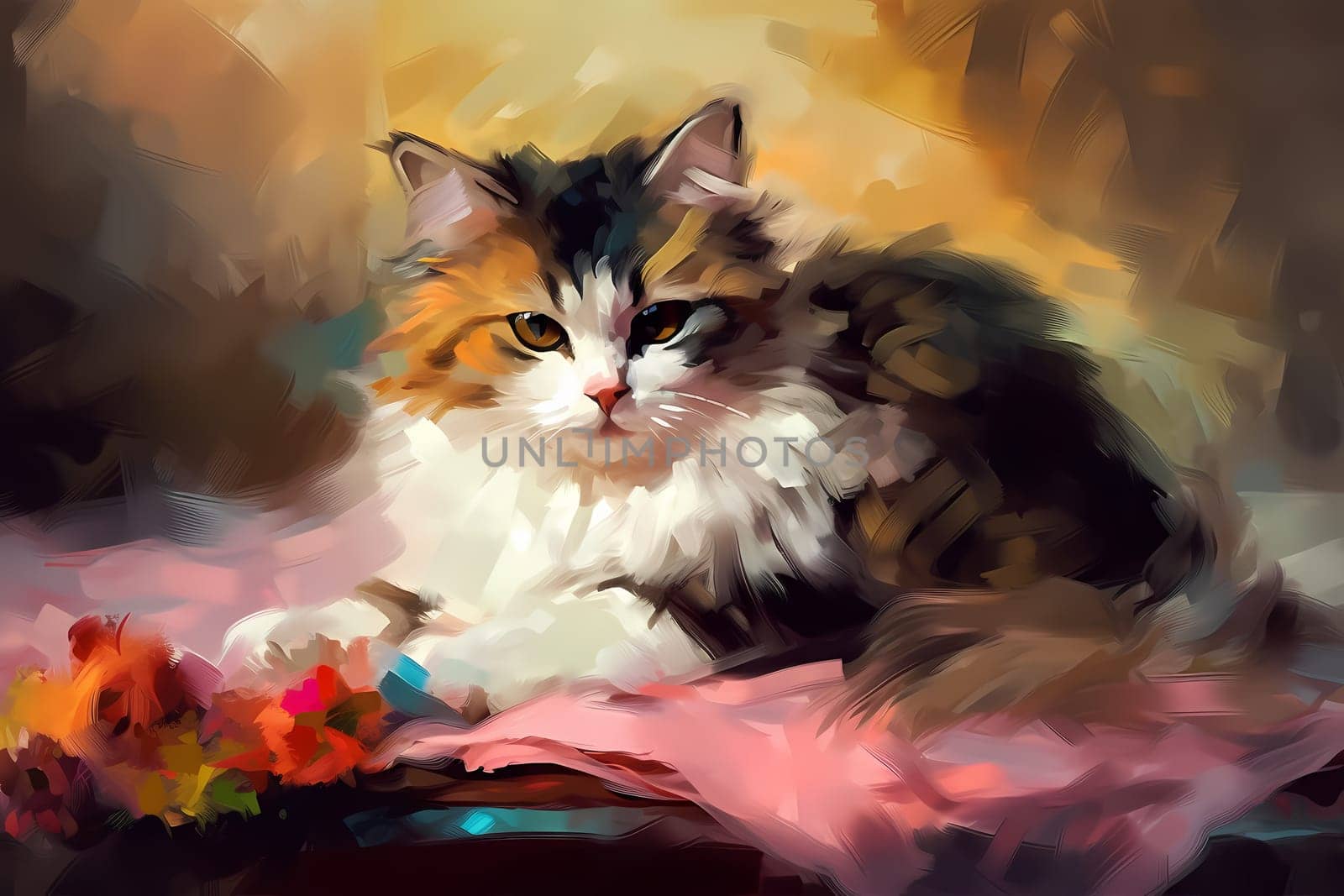 The meticulous cat is carefully grooming its fur while enjoying the comfort of a fluffy rug underneath. (generative AI)