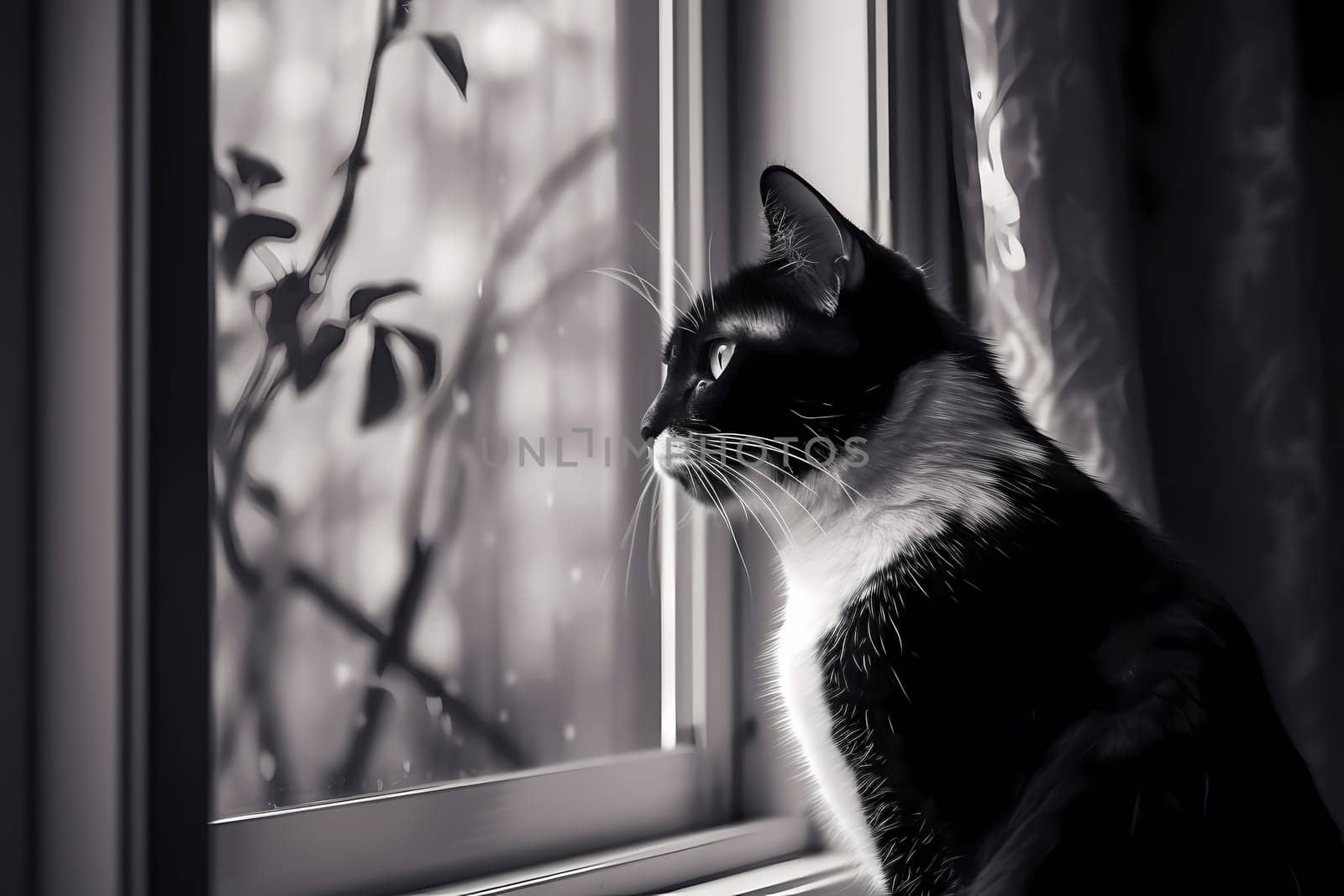 The cat sits silently, fixated on something outside the window. Occasionally a bird will catch its attention and its tail will start to twitch. (generative AI)