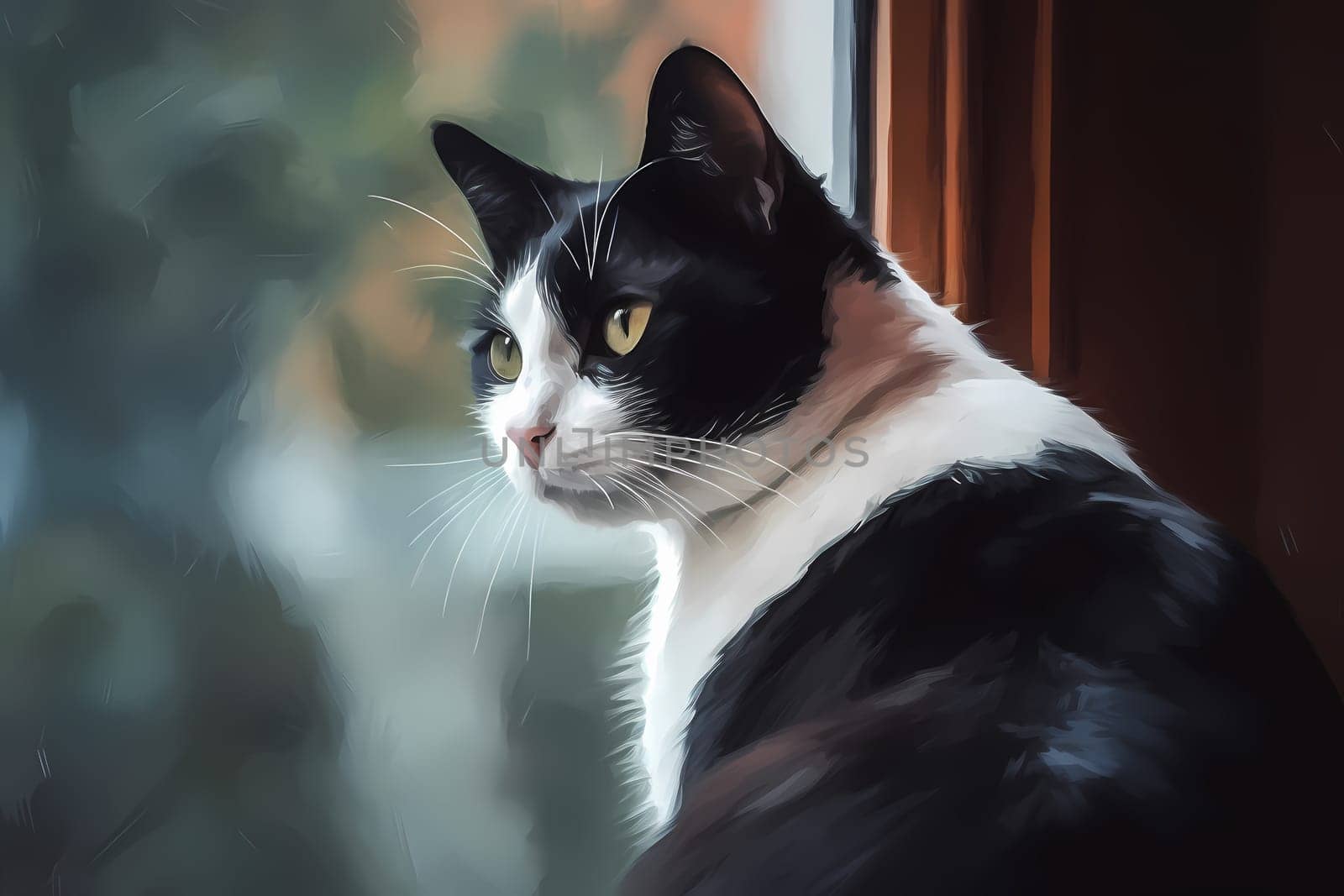 The cat sits silently, fixated on something outside the window. Occasionally a bird will catch its attention and its tail will start to twitch. (generative AI)