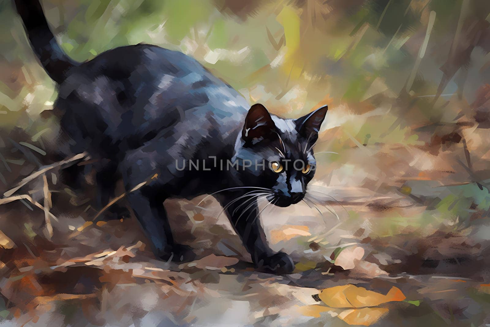 The black cat is sneaking up on a small mouse, ready to pounce at any moment. (generative AI)