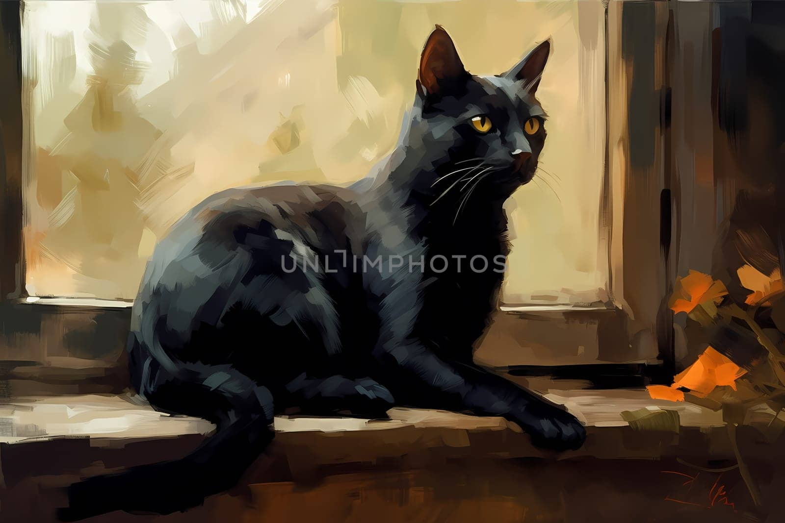 A sleek black cat is serenely sitting on a windowsill, gazing out into the world beyond. (generative AI)