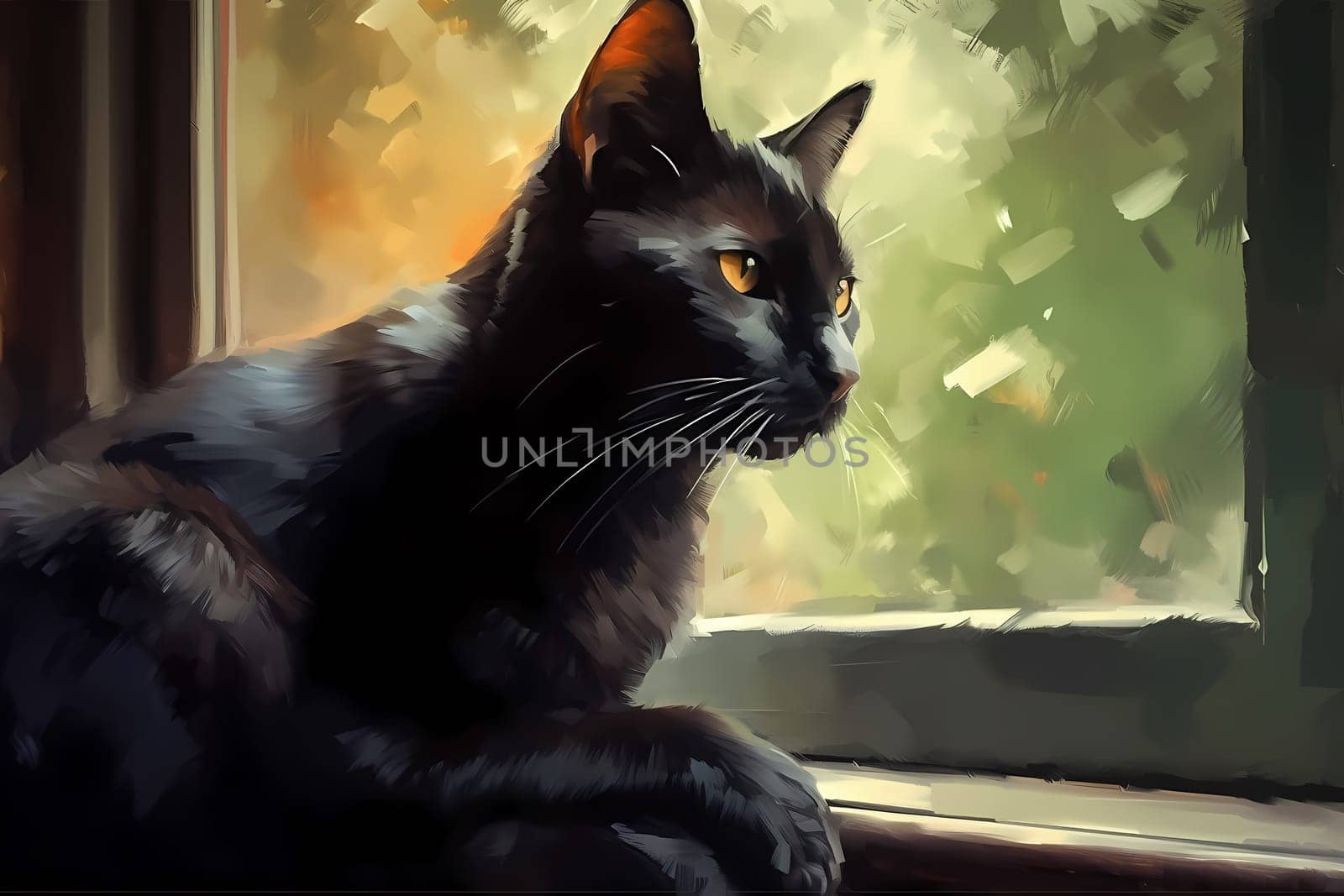 A sleek black cat is serenely sitting on a windowsill, gazing out into the world beyond. (generative AI)