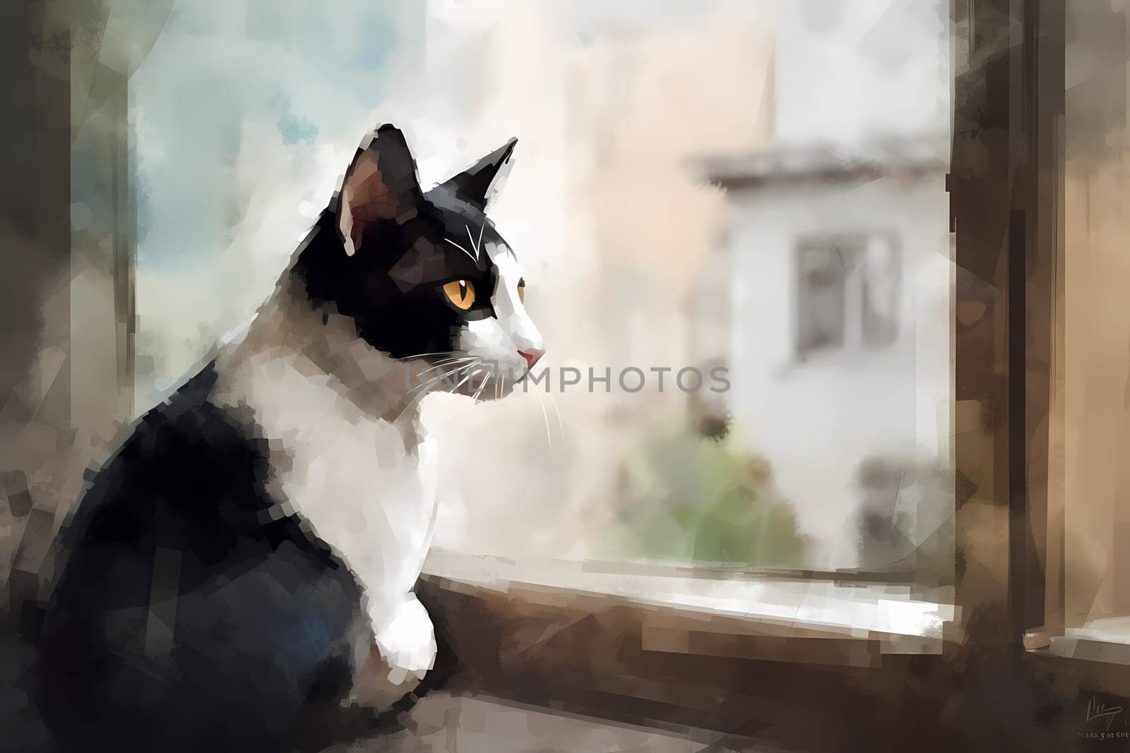 The cat sits silently, fixated on something outside the window. Occasionally a bird will catch its attention and its tail will start to twitch. (generative AI)