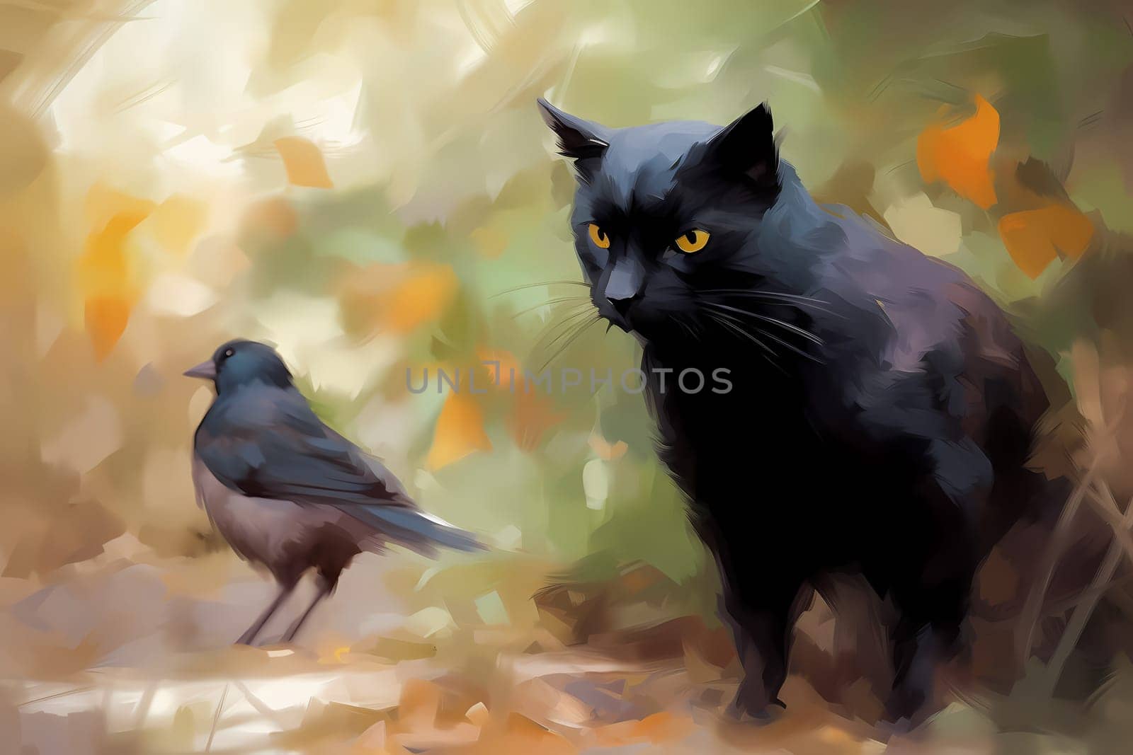 The stealthy black cat is creeping up on a unsuspecting bird, ready to pounce. (generative AI)
