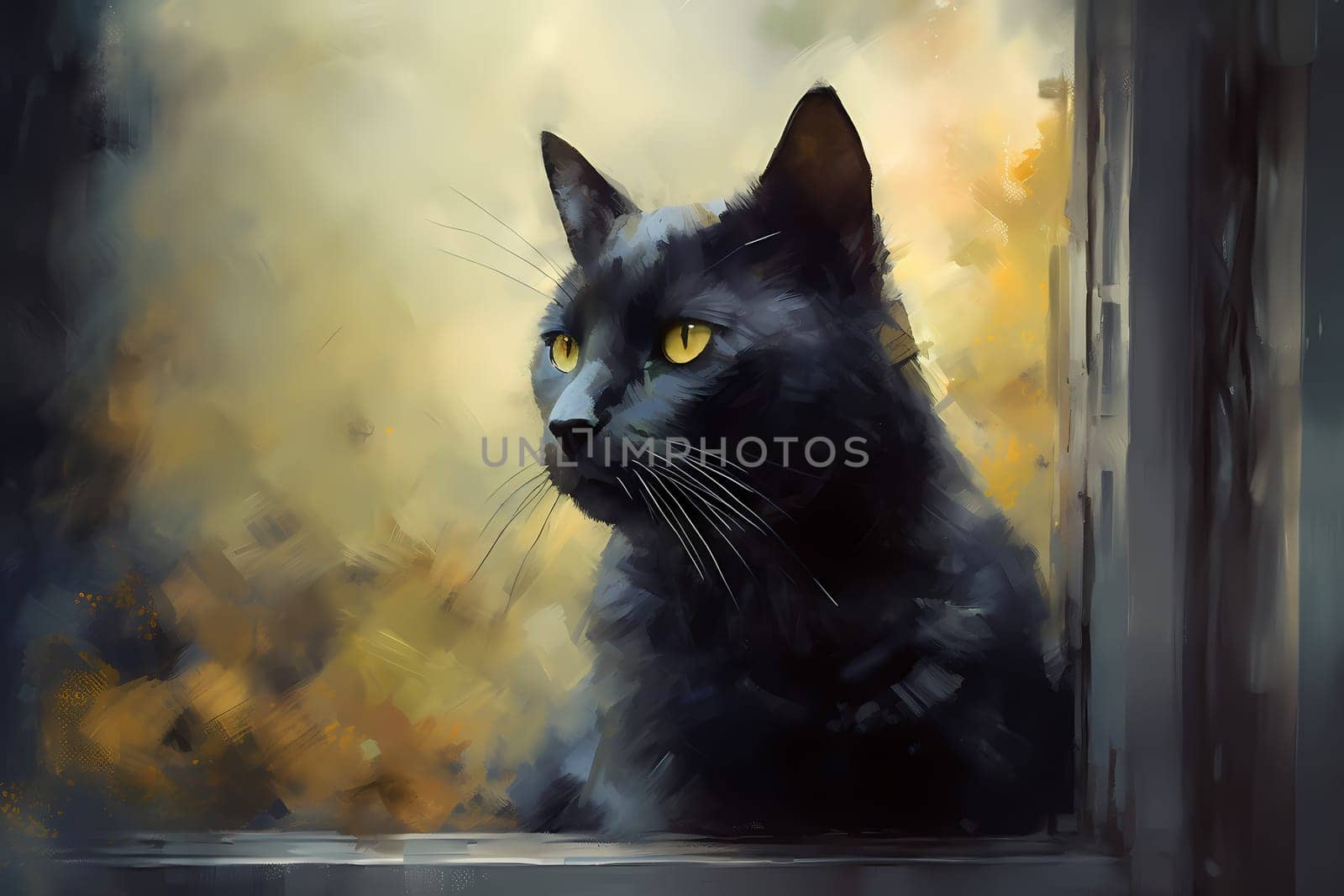 The black cat sits in deep thought, mesmerized by the world outside the window. (generative AI)