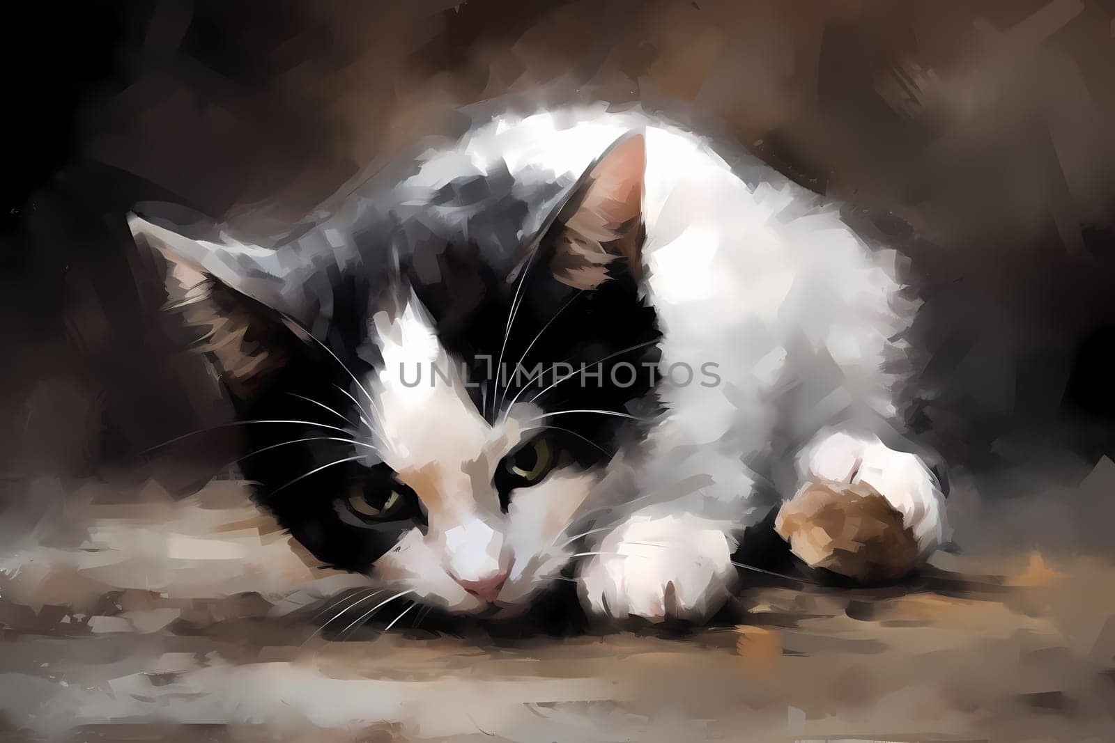 A black and white cat is energetically pouncing and chasing a small toy mouse, flipping it up in the air and proudly showing it off. (generative AI)