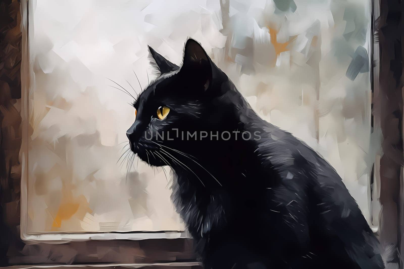 The black cat sits in deep thought, mesmerized by the world outside the window. (generative AI)