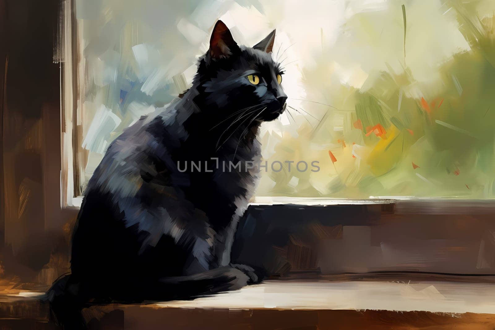 The black cat sits in deep thought, mesmerized by the world outside the window. (generative AI)