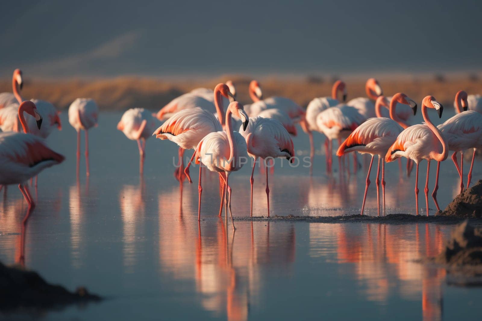 A flock of graceful flamingos with brilliantly pink feathers are searching and sifting for food in the turquoise waters of a shallow salt lake (generative AI)