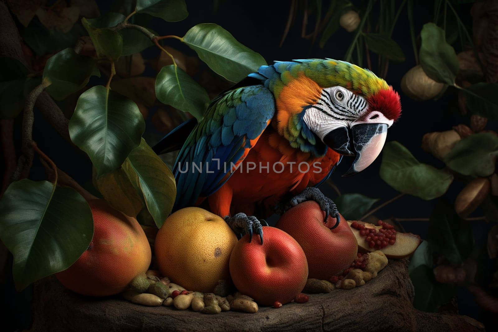 A colorful parrot sits atop a tree branch, pecking at a ripe mango (generative AI)