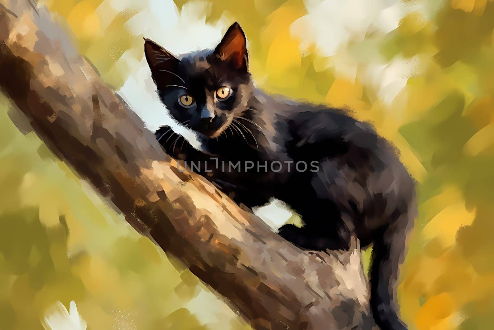 The adventurous kitten is fearless as he scales the tall tree, still small enough to fit between the branches. (generative AI)