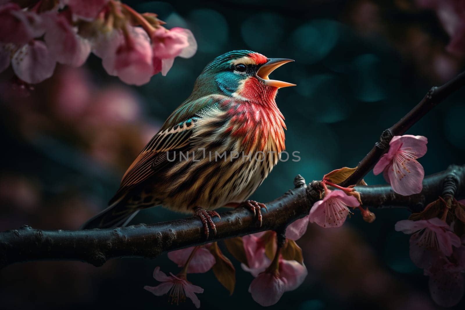 A colorful songbird sings sweetly while perched on a blooming cherry blossom branch in a serene garden (generative AI)