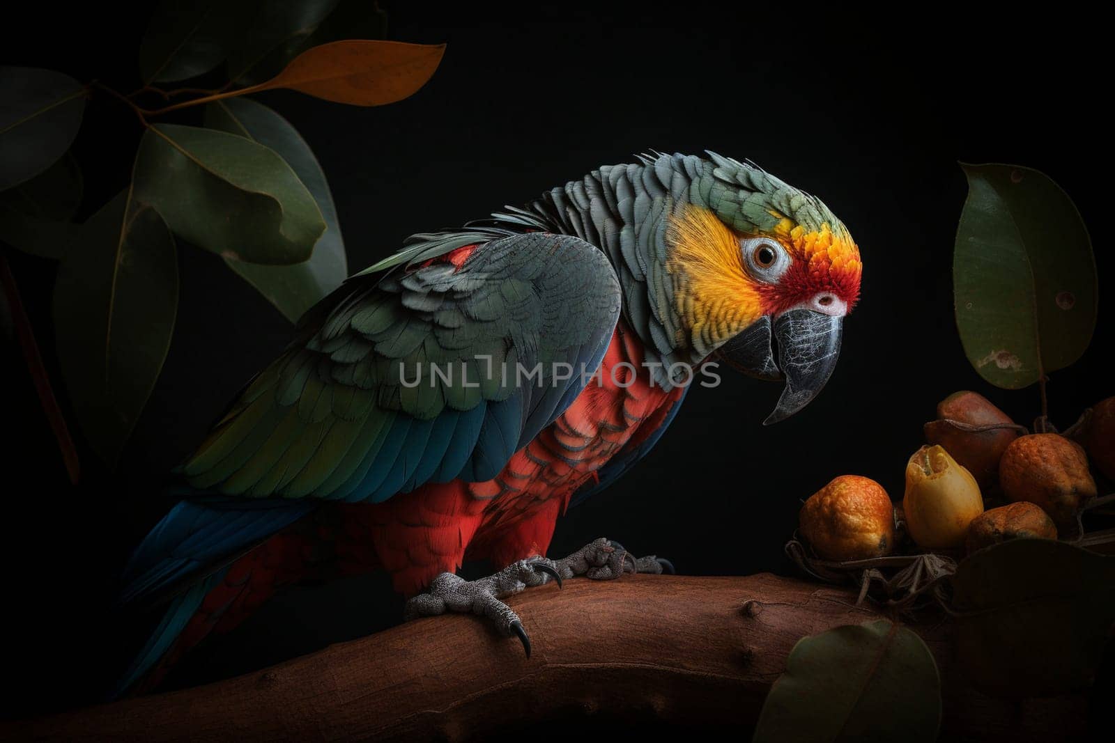 A colorful parrot sits atop a tree branch, pecking at a ripe mango (generative AI)