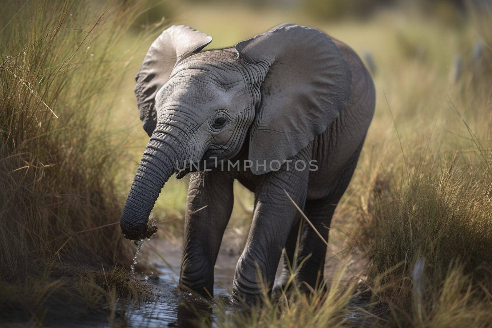A curious baby elephant explores its surroundings, visiting a watering hole in the grassy savannah (generative AI)