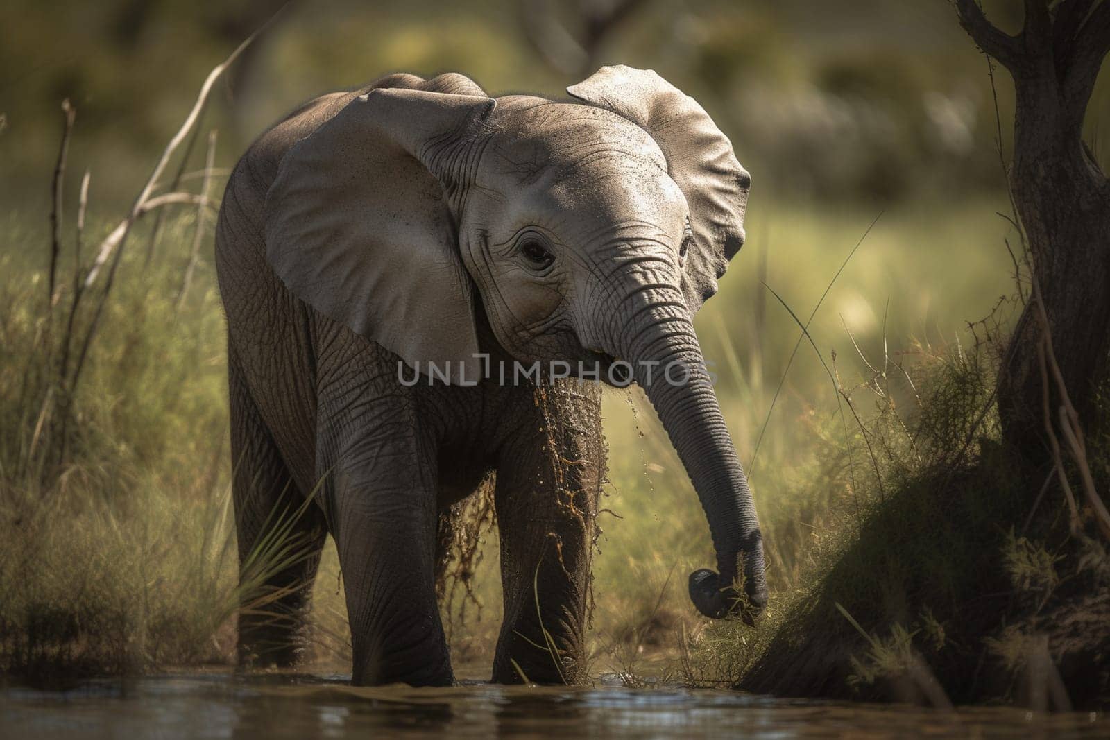 A curious baby elephant explores its surroundings, visiting a watering hole in the grassy savannah (generative AI)