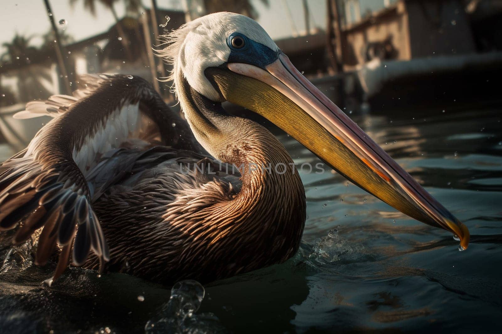 A comical pelican clumsily diving for fish in a harbor (generative AI)