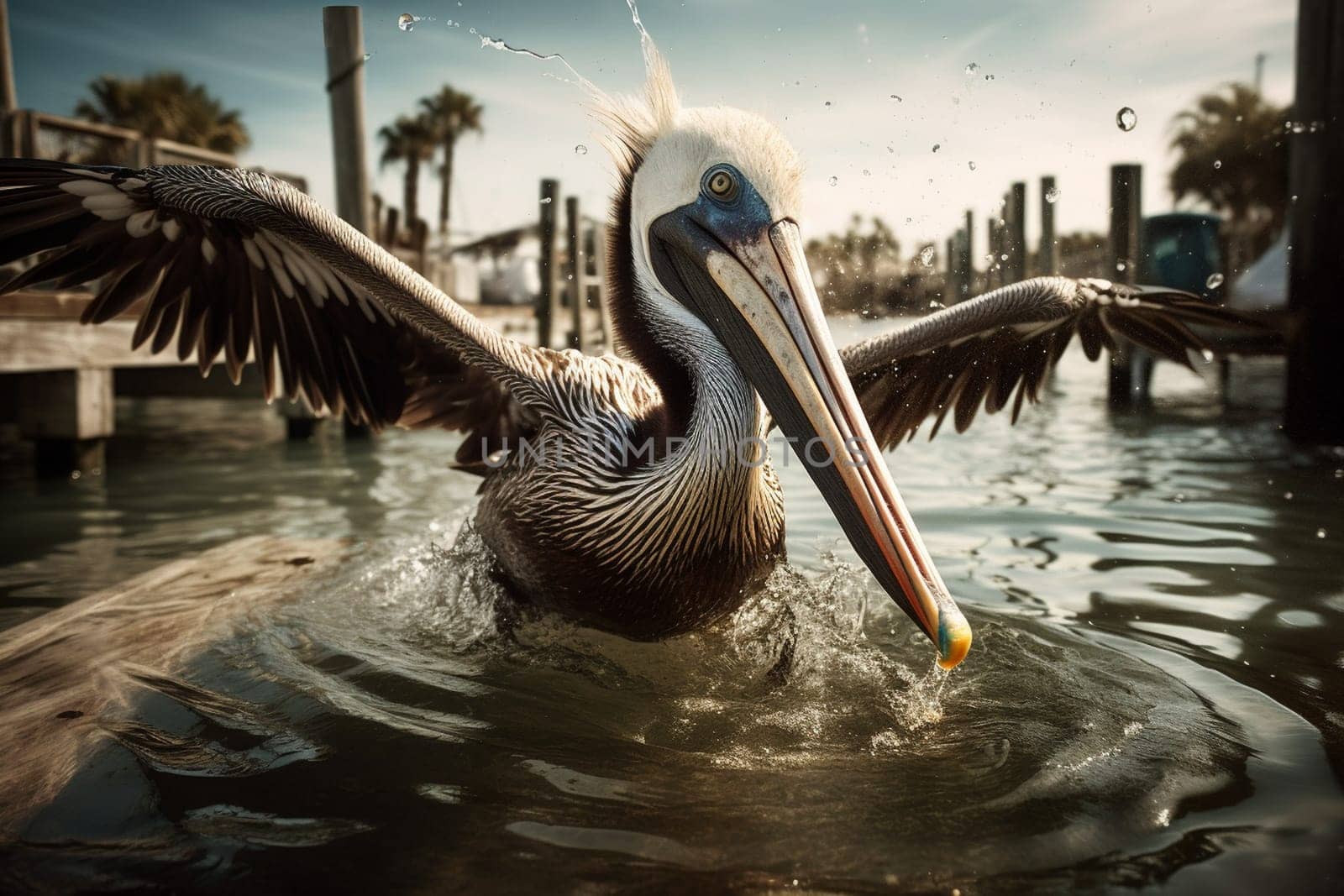 A comical pelican clumsily diving for fish in a harbor (generative AI)