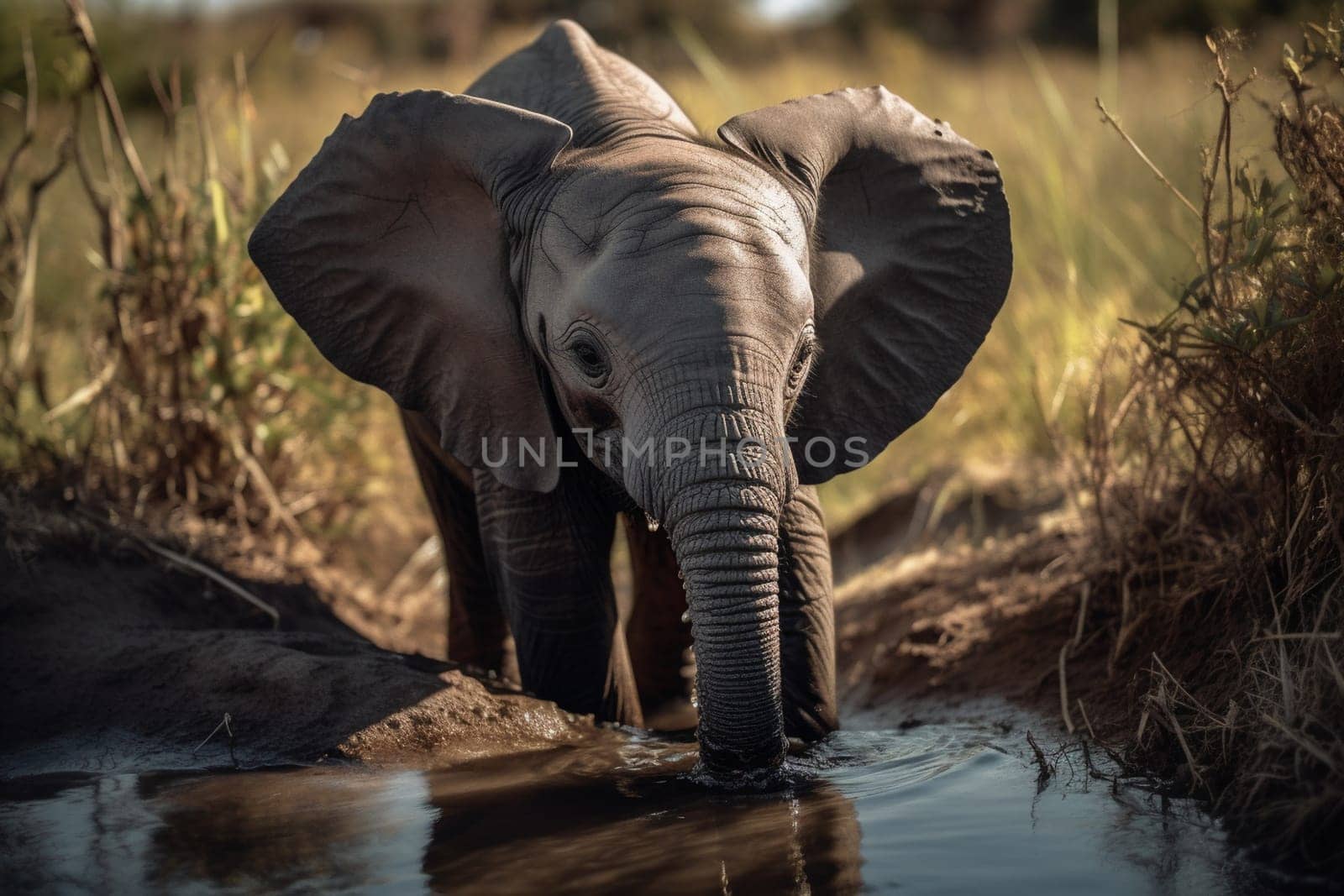 A curious baby elephant explores its surroundings, visiting a watering hole in the grassy savannah (generative AI)