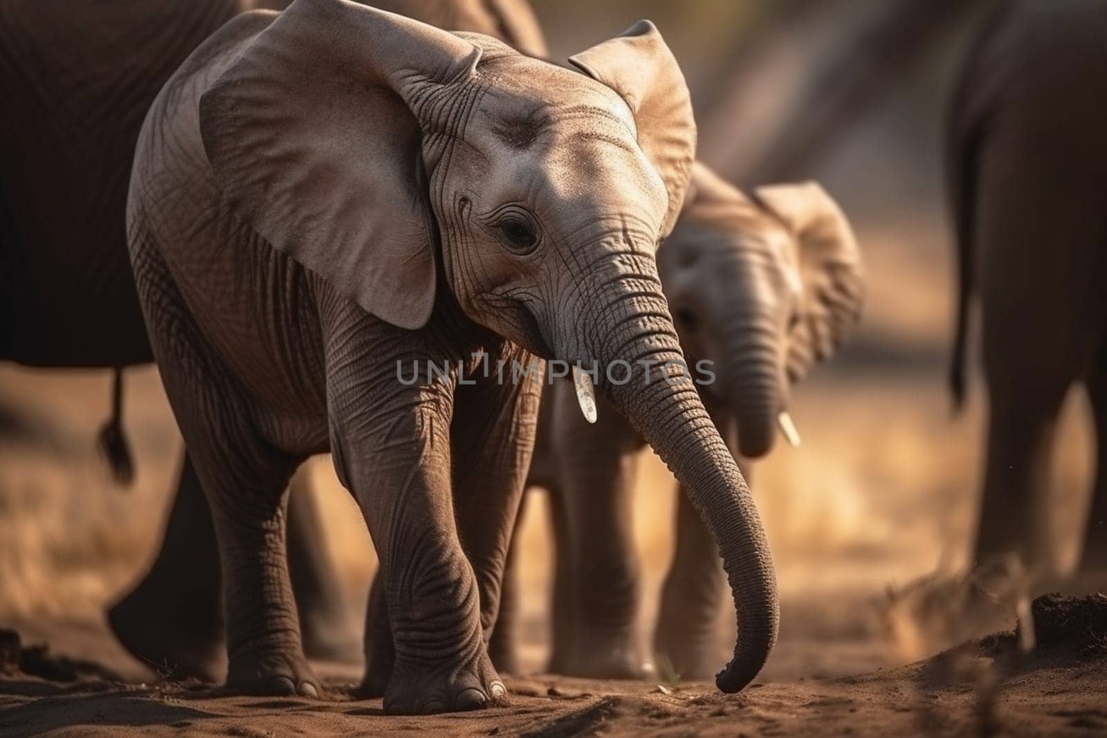 A baby elephant is exploring the African savannah while its mother watches over protectively (generative AI)