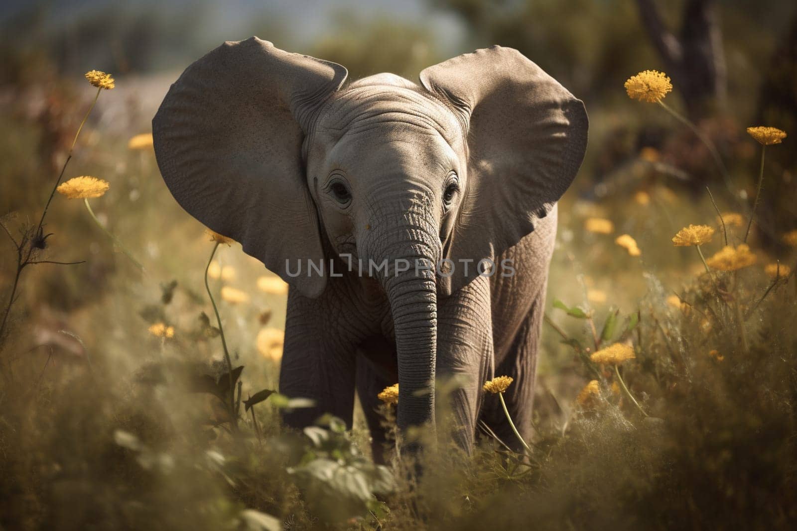 A curious baby elephant stops to smell some flowers on the African savannah (generative AI)