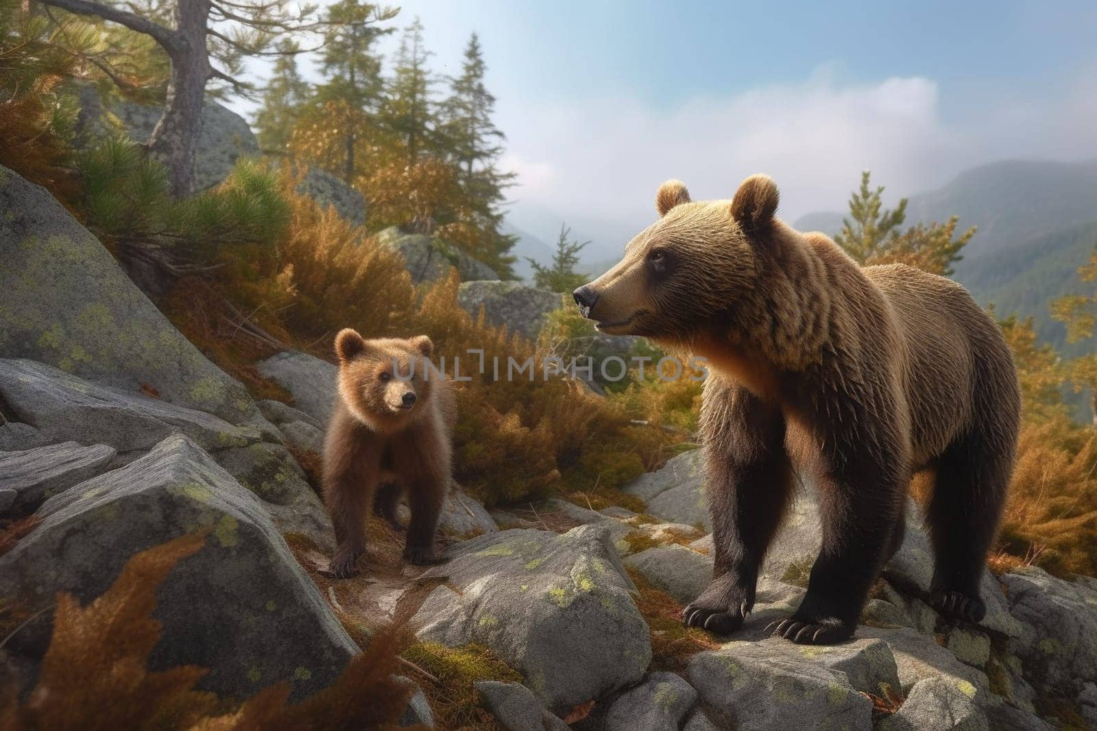 The bear cub and its mother are exploring the mountainous habitat, learning together (generative AI)