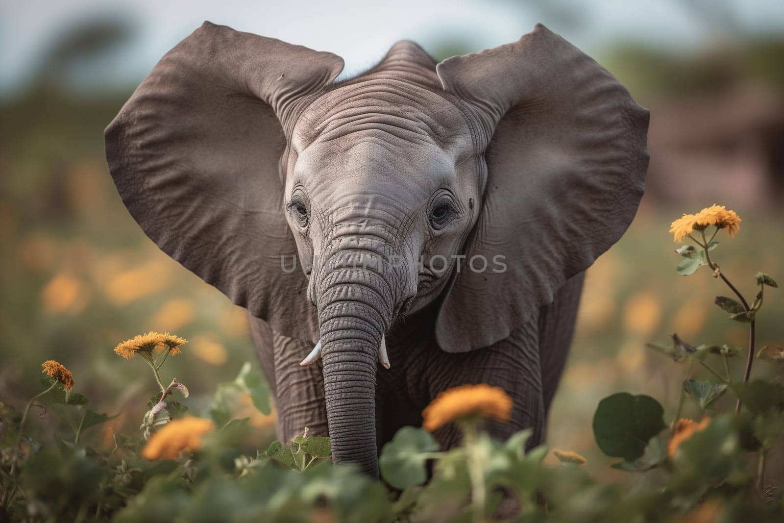 A curious baby elephant stops to smell some flowers on the African savannah (generative AI)