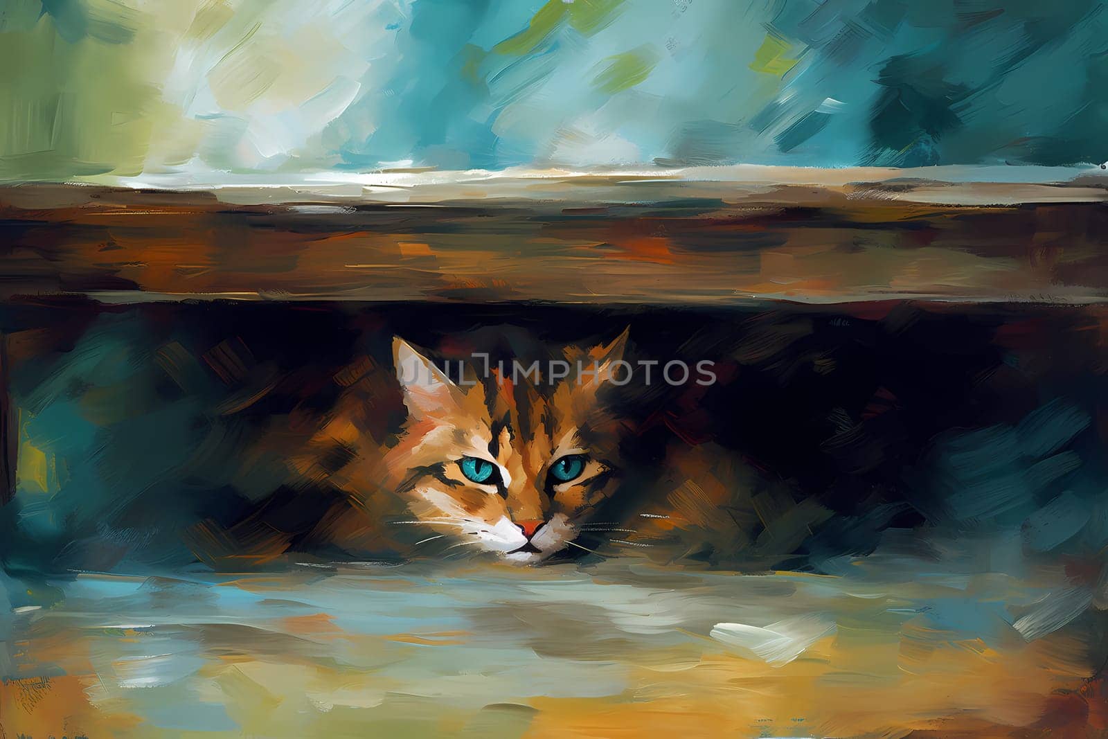 The cat seems to be hiding under the bed, its tail twitching nervously and its eyes darting around suspiciously. (generative AI)