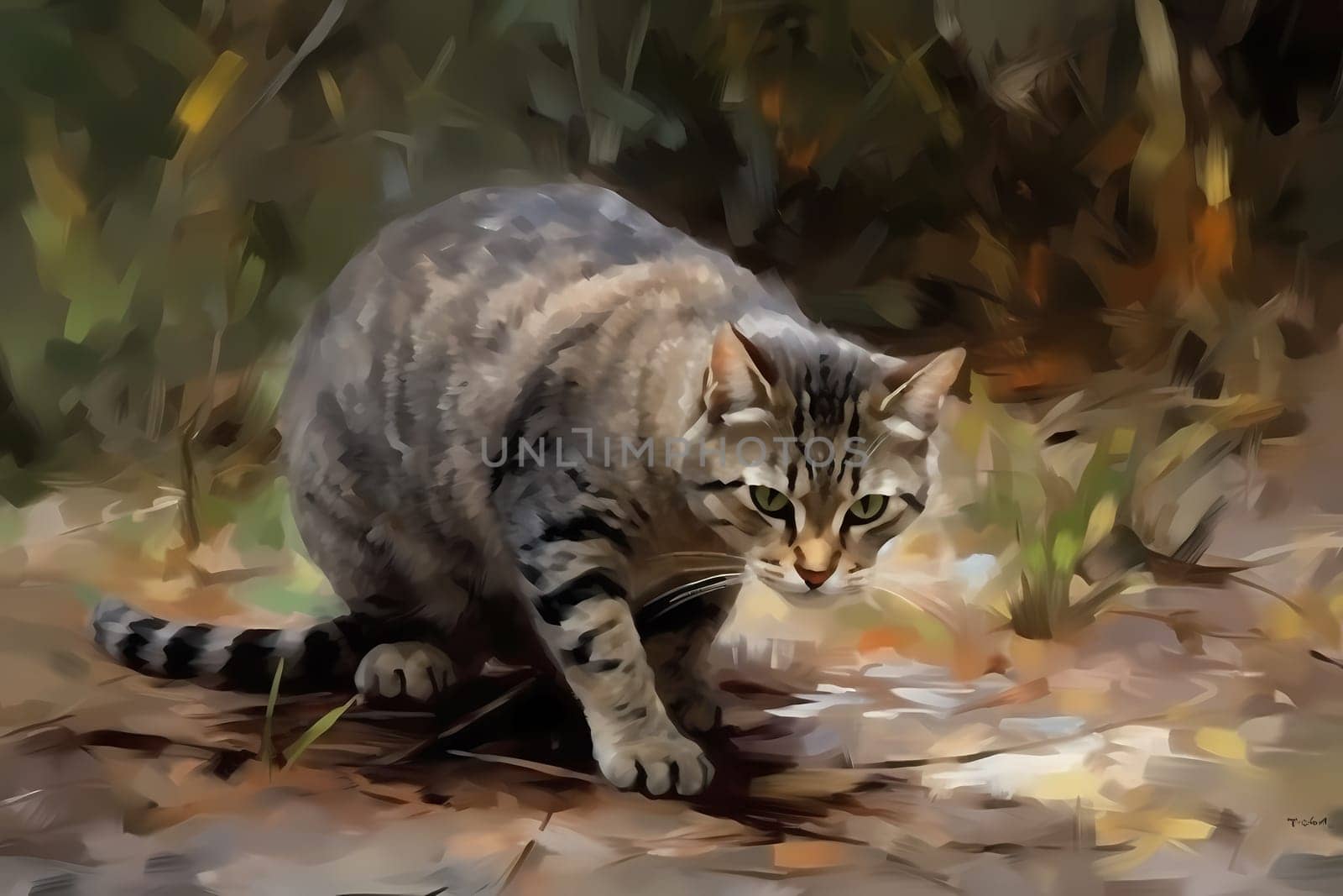 An agile cat is intently stalking and pouncing on a small, unsuspecting mouse. (generative AI)