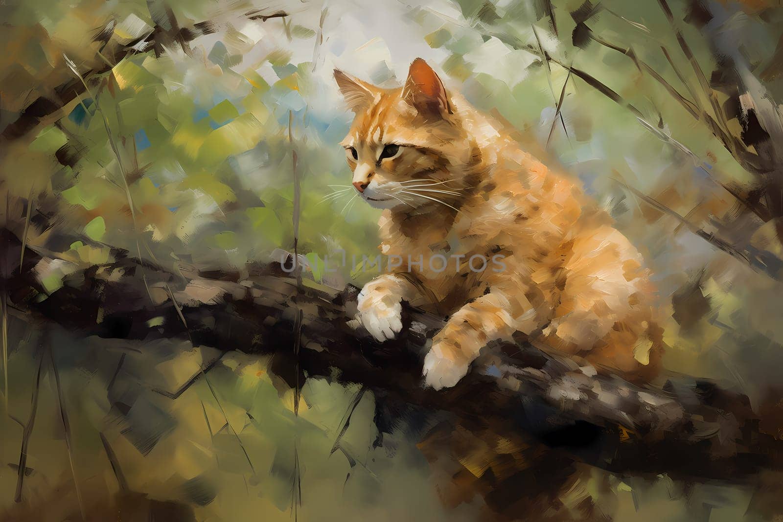 The cat is happily surveying its surroundings from its high perch, its tail twitching in excitement. (generative AI)
